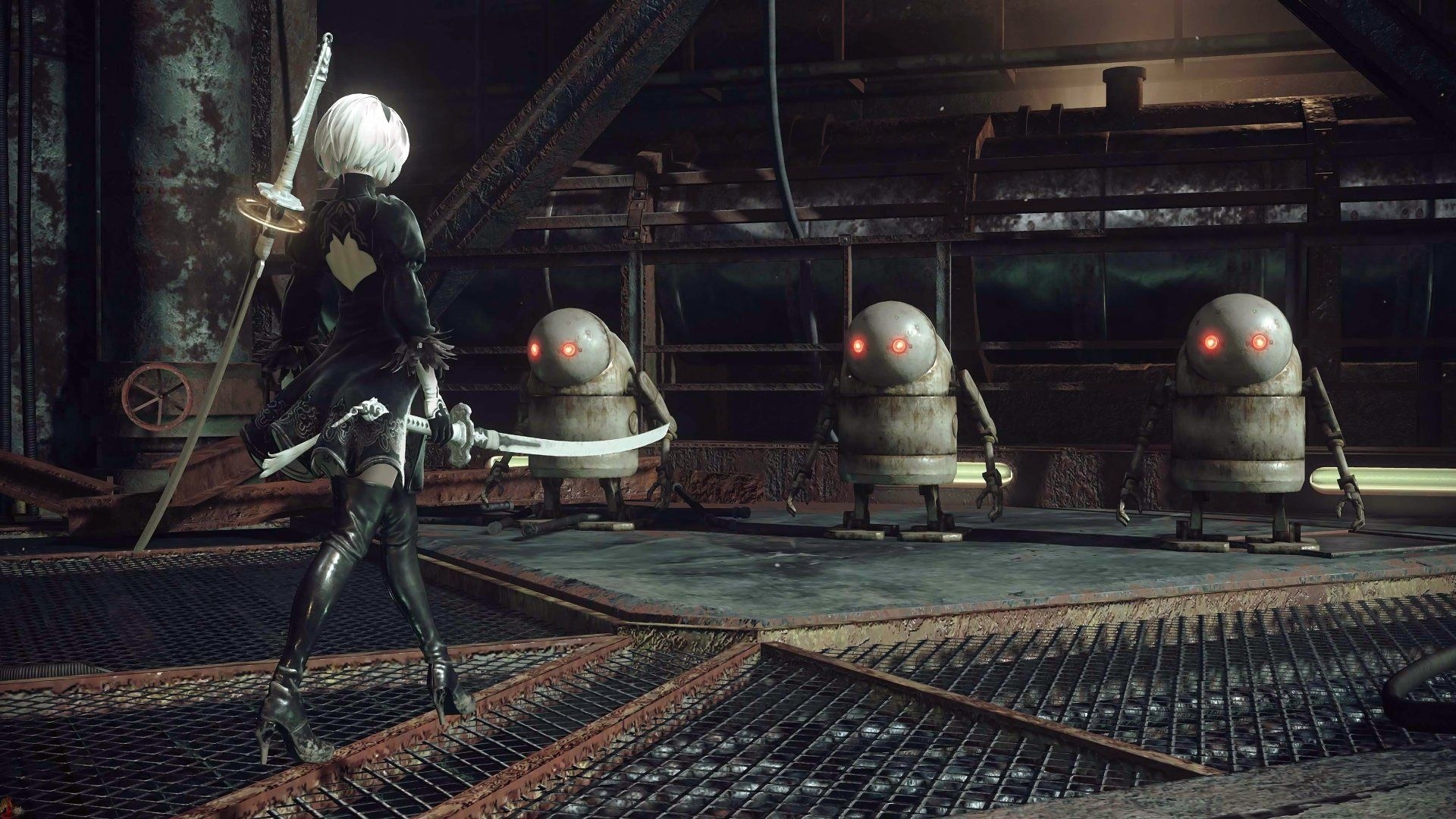 2B YoRHa android, NieR Automata Machine Lifeforms, Abandoned industrial factory, Full HD Desktop wallpaper