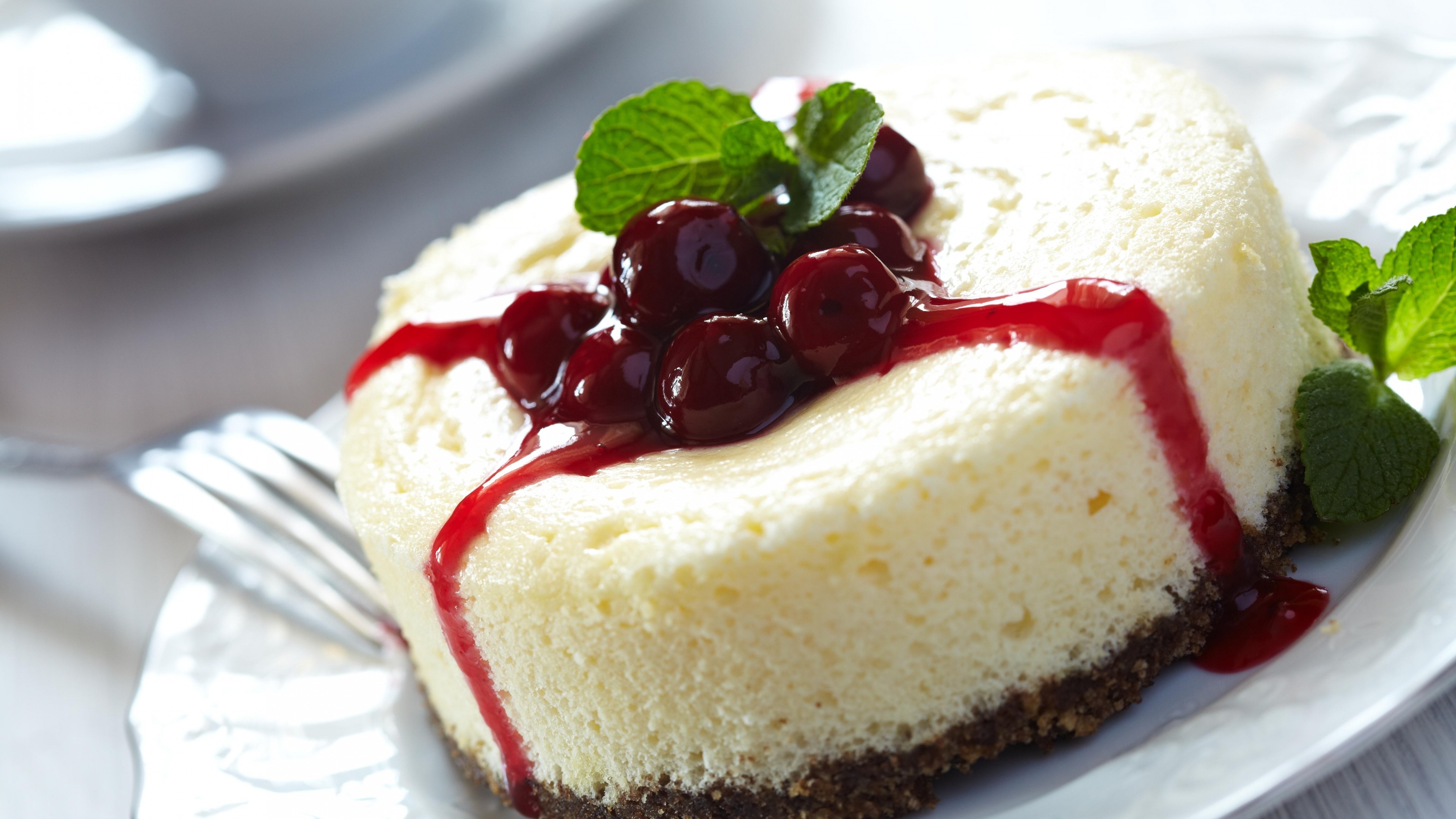 Cheesecake with cherry, Sweet and tangy, Refreshing mint, Tempting dessert, 3840x2160 4K Desktop