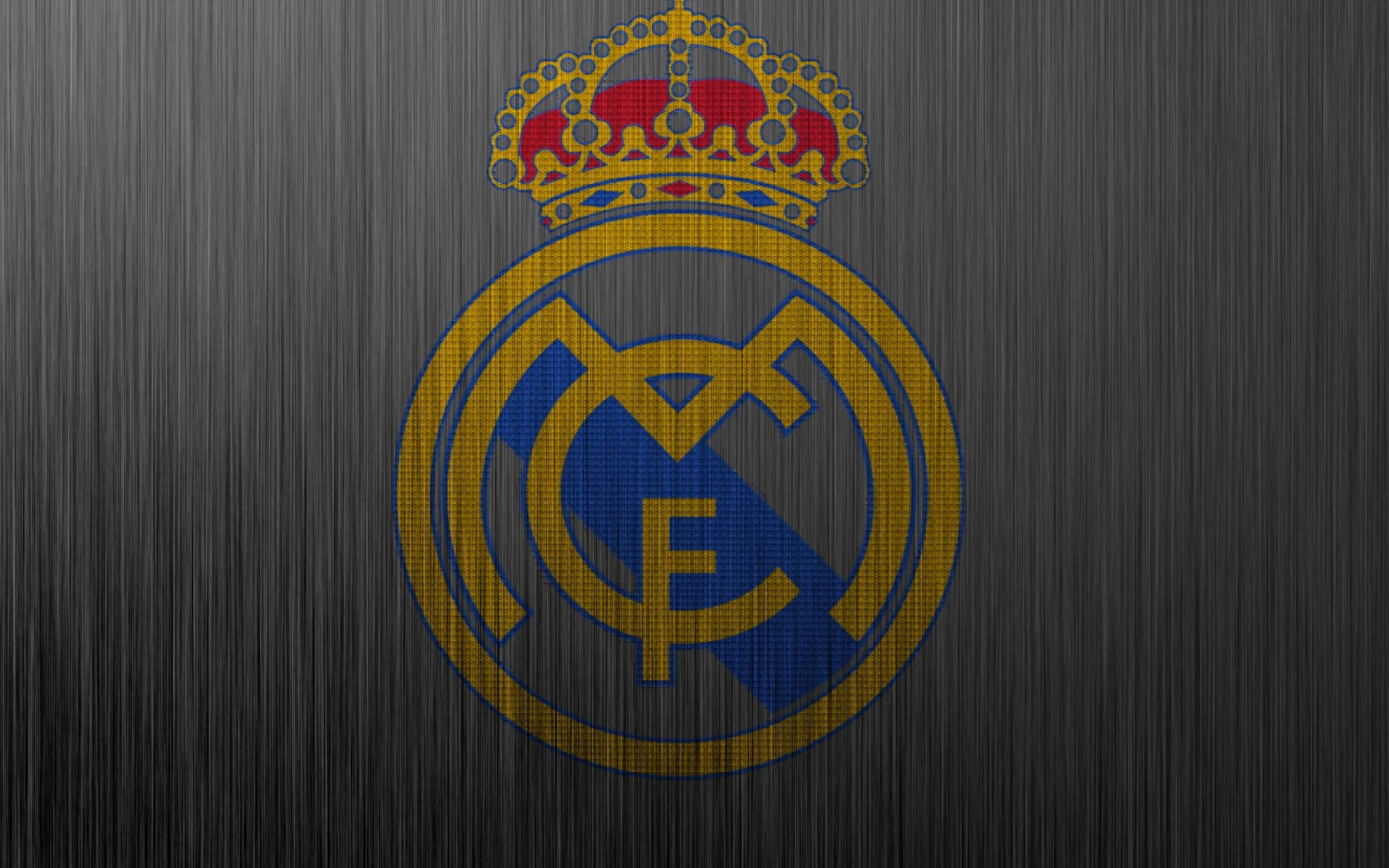 Real Madrid CF crest, royal crown emblem, brushed metal texture, HD Desktop wallpaper