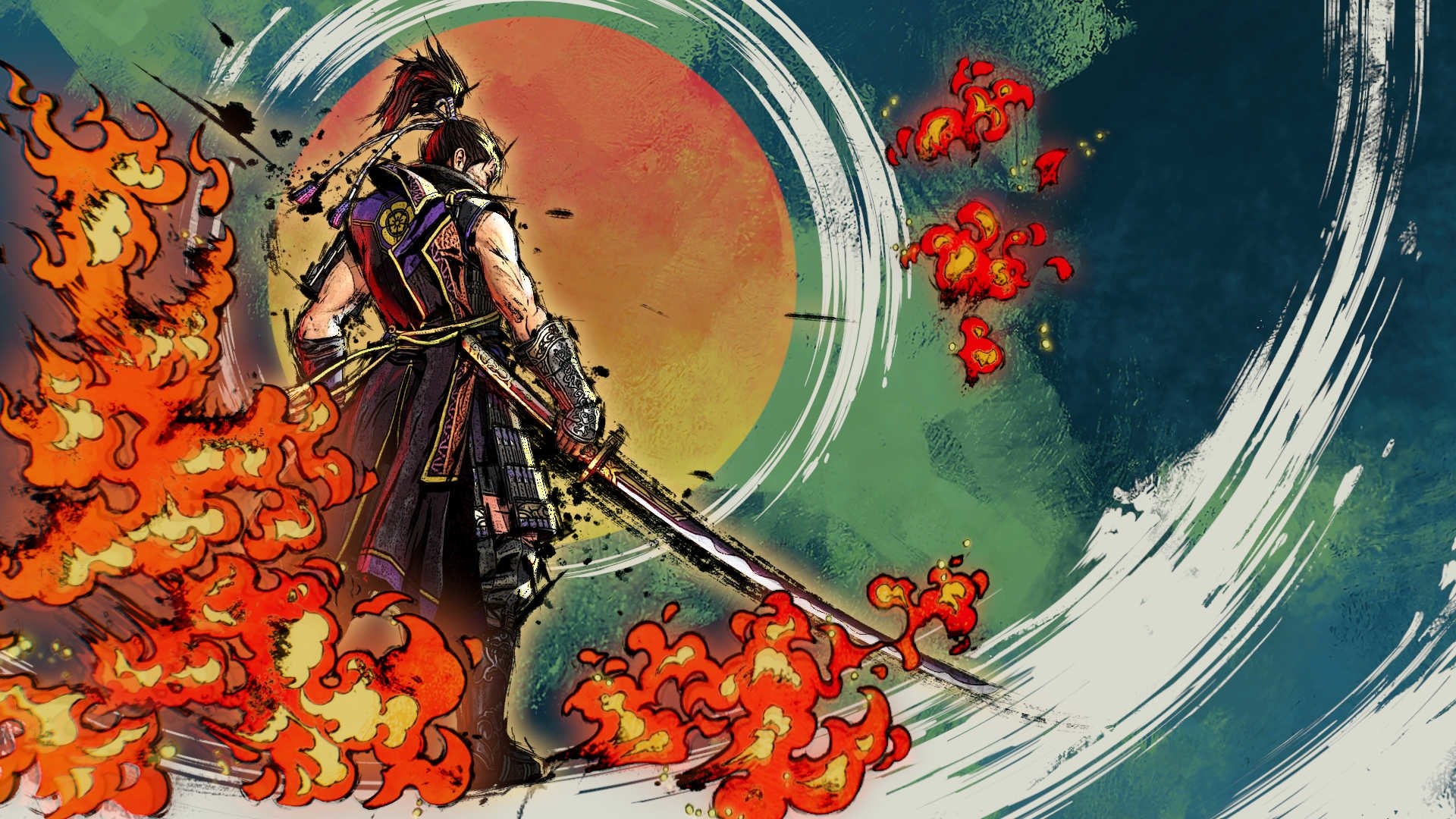 Samurai Warriors 5 Nobunaga, Oda Nobunaga, Sumi-e ink brushstroke flames, Full HD Desktop wallpaper
