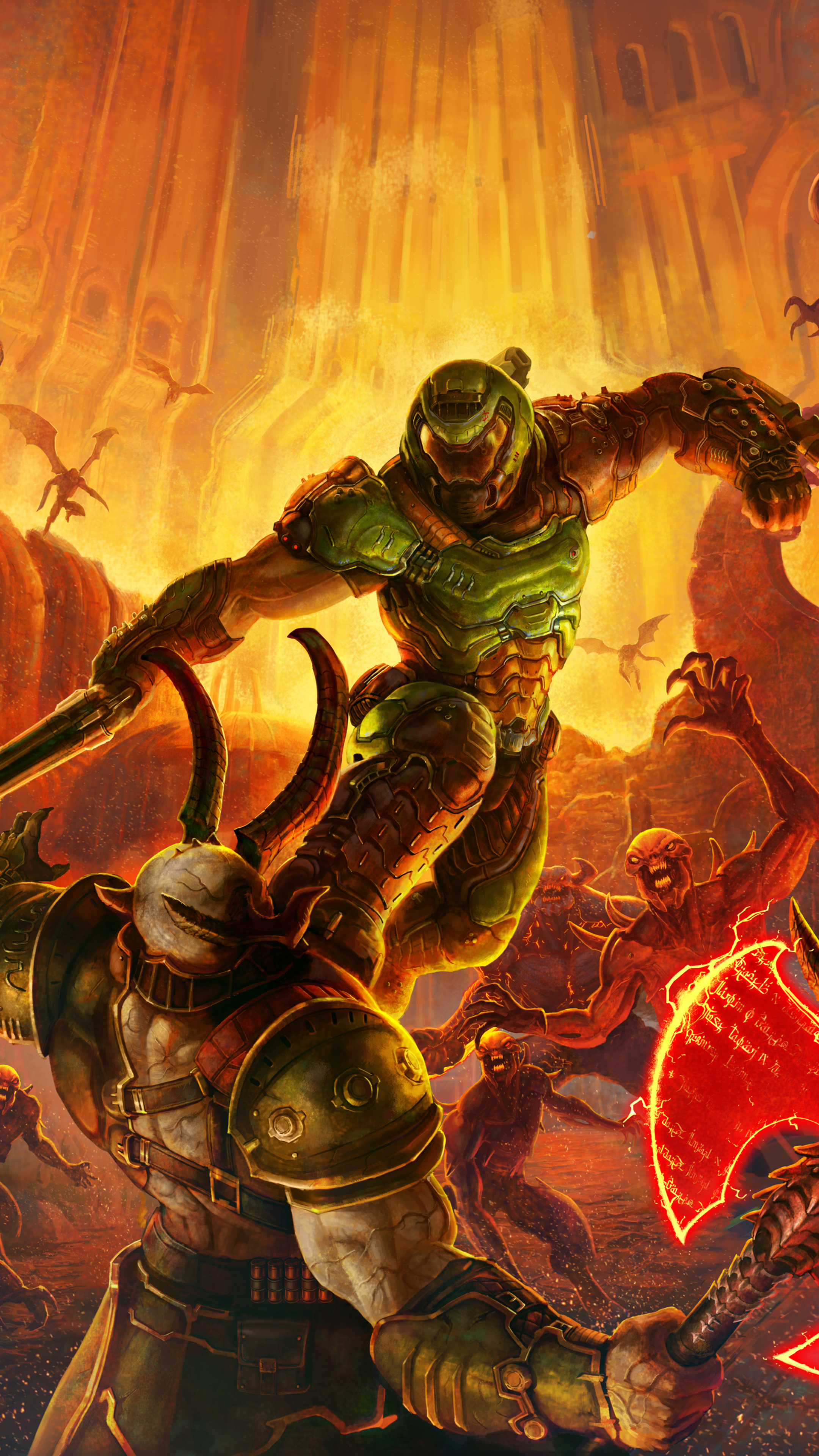 Doom Slayer, Marauder, Argent battleaxe, Imp demons, 4K Phone wallpaper