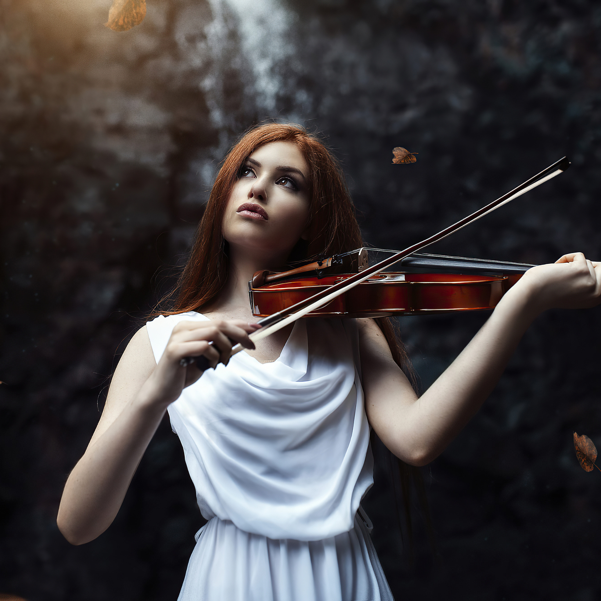 Girl playing violin, Enchanting performance, Melodic landscapes, Harmonious strings, 2050x2050 HD Phone