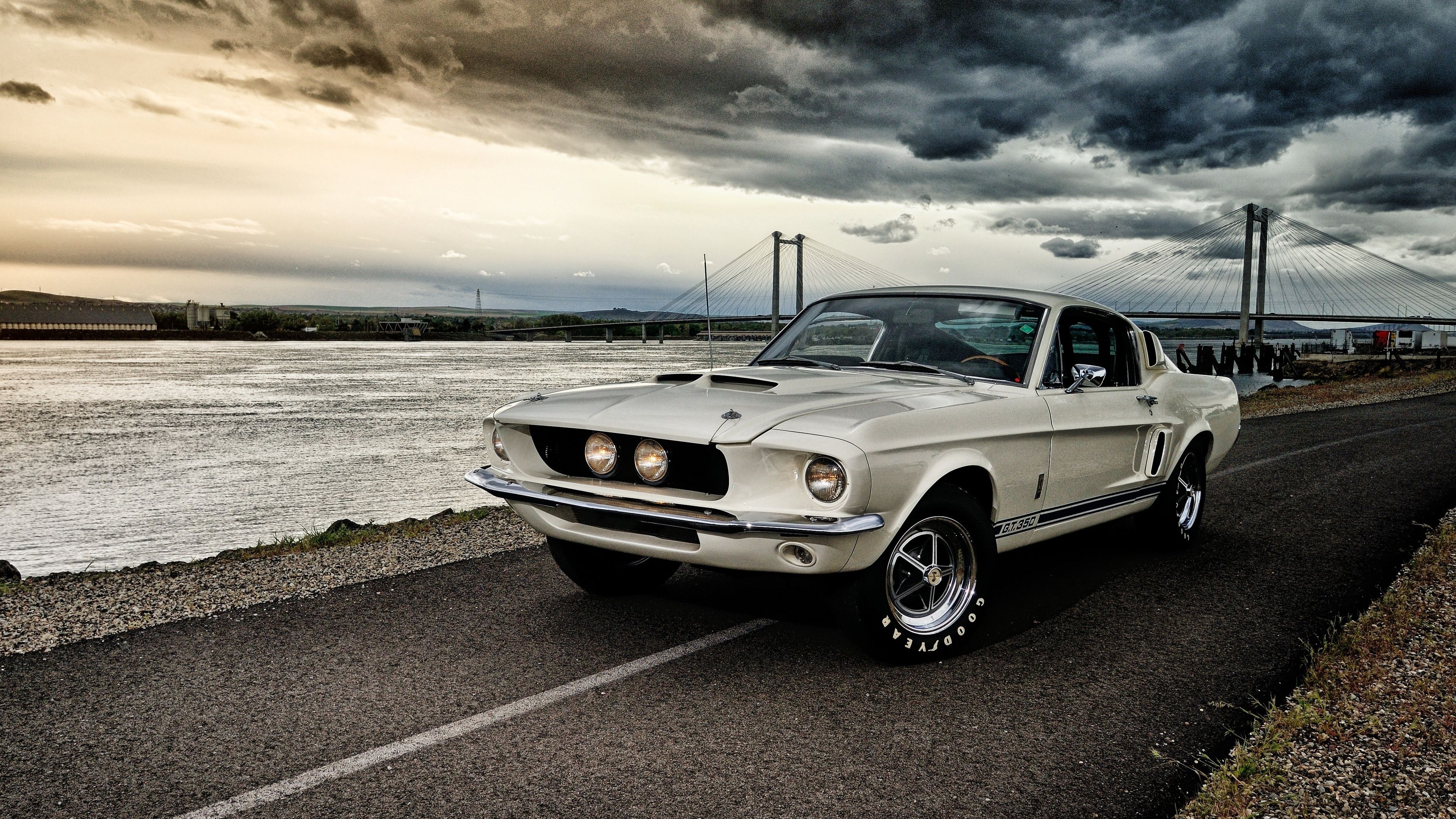 1967 Shelby GT350 Fastback, Cable-stayed river bridge, Dramatic storm clouds, 4K Desktop wallpaper