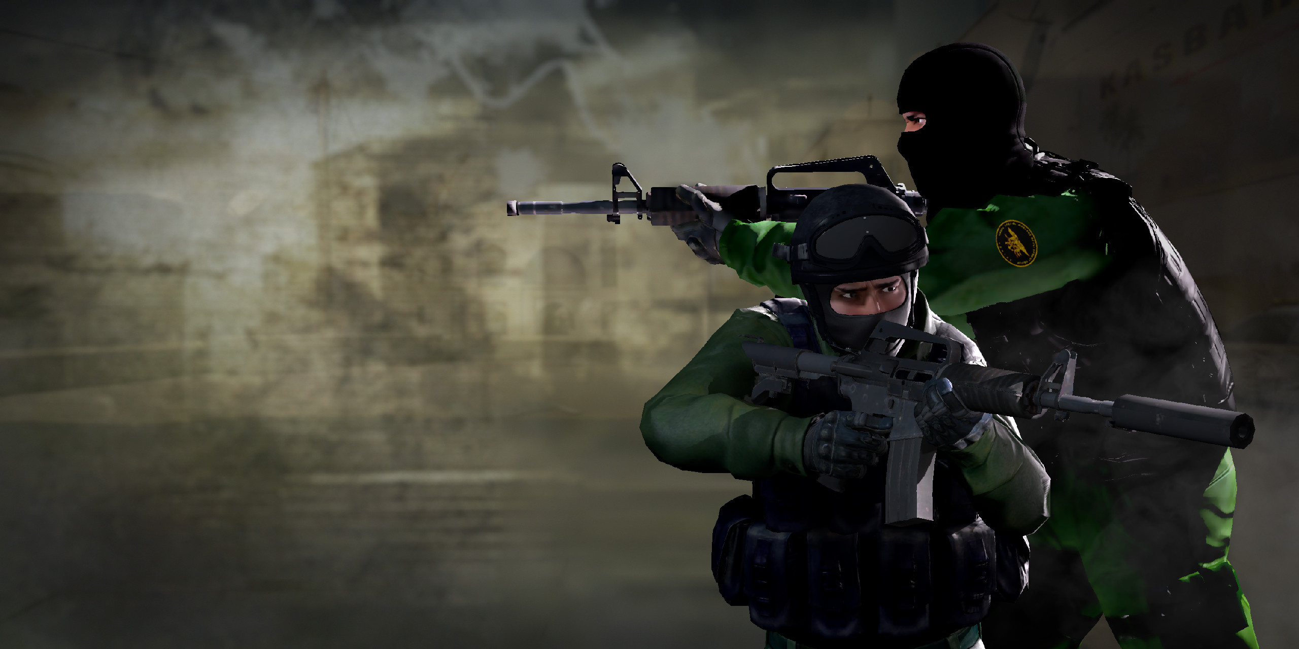 Counter-Strike Counter-Terrorists, suppressed M4A1 carbines, tactical balaclavas and helmets, Dual Screen Desktop wallpaper