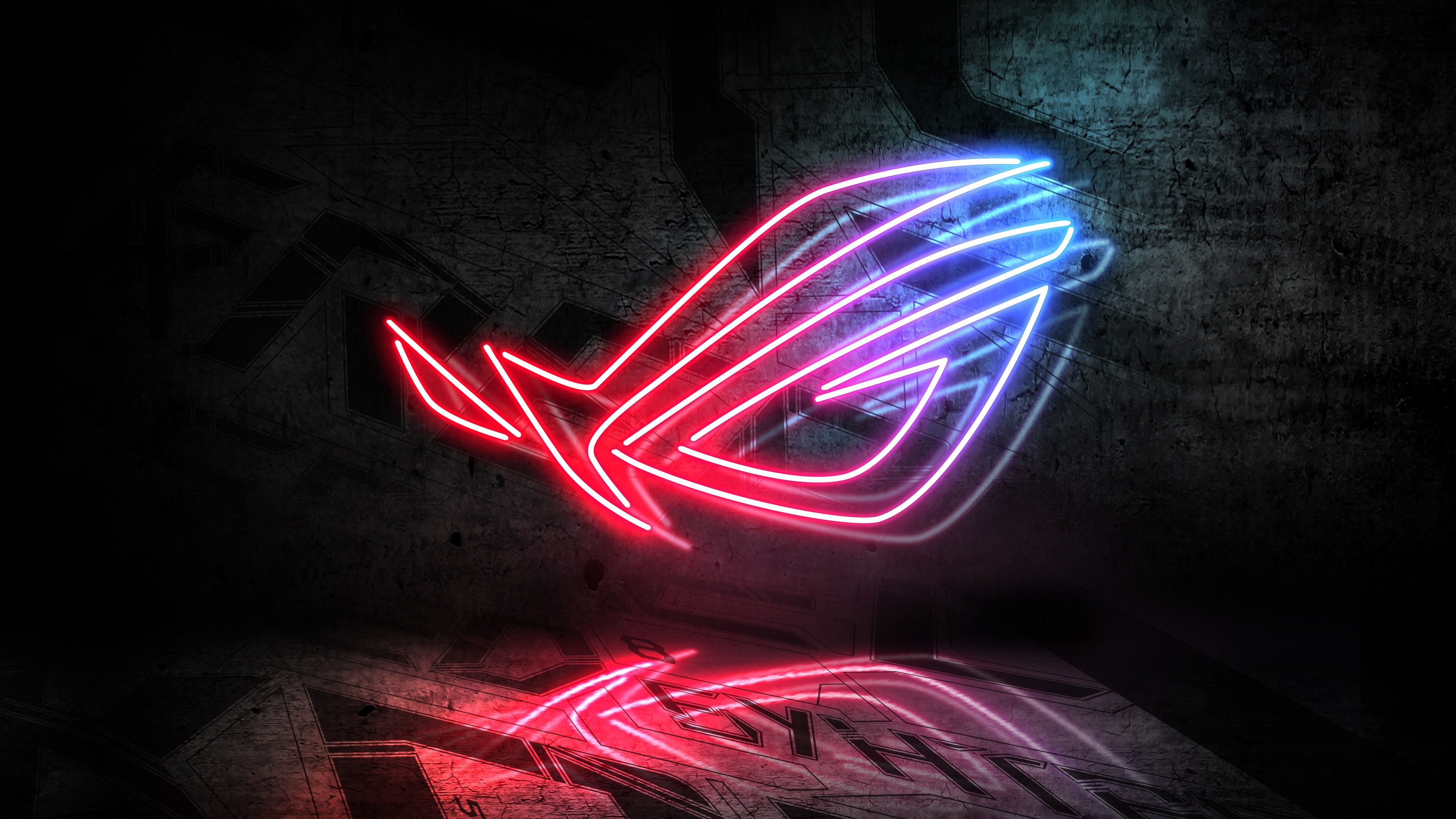 ASUS Republic of Gamers neon sign, Red and blue neon tubing, Grungy concrete floor reflection, 4K Desktop wallpaper