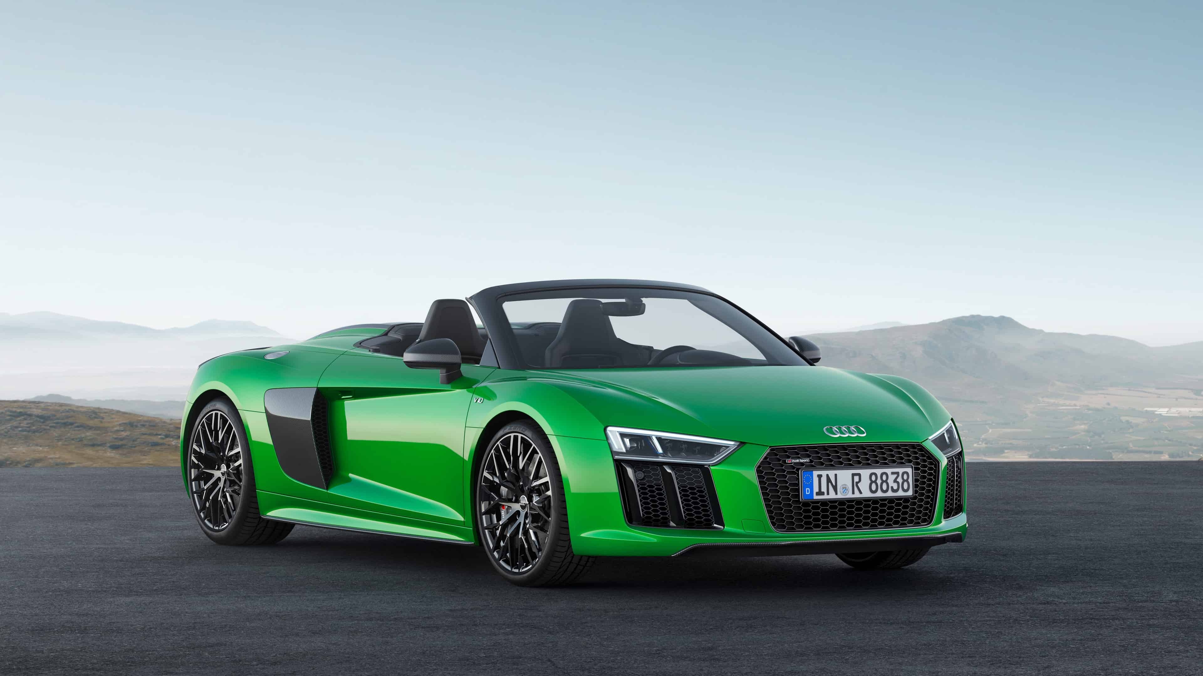 Audi R8 V10 Spyder, green convertible supercar, mountainous horizon, 4K Desktop wallpaper