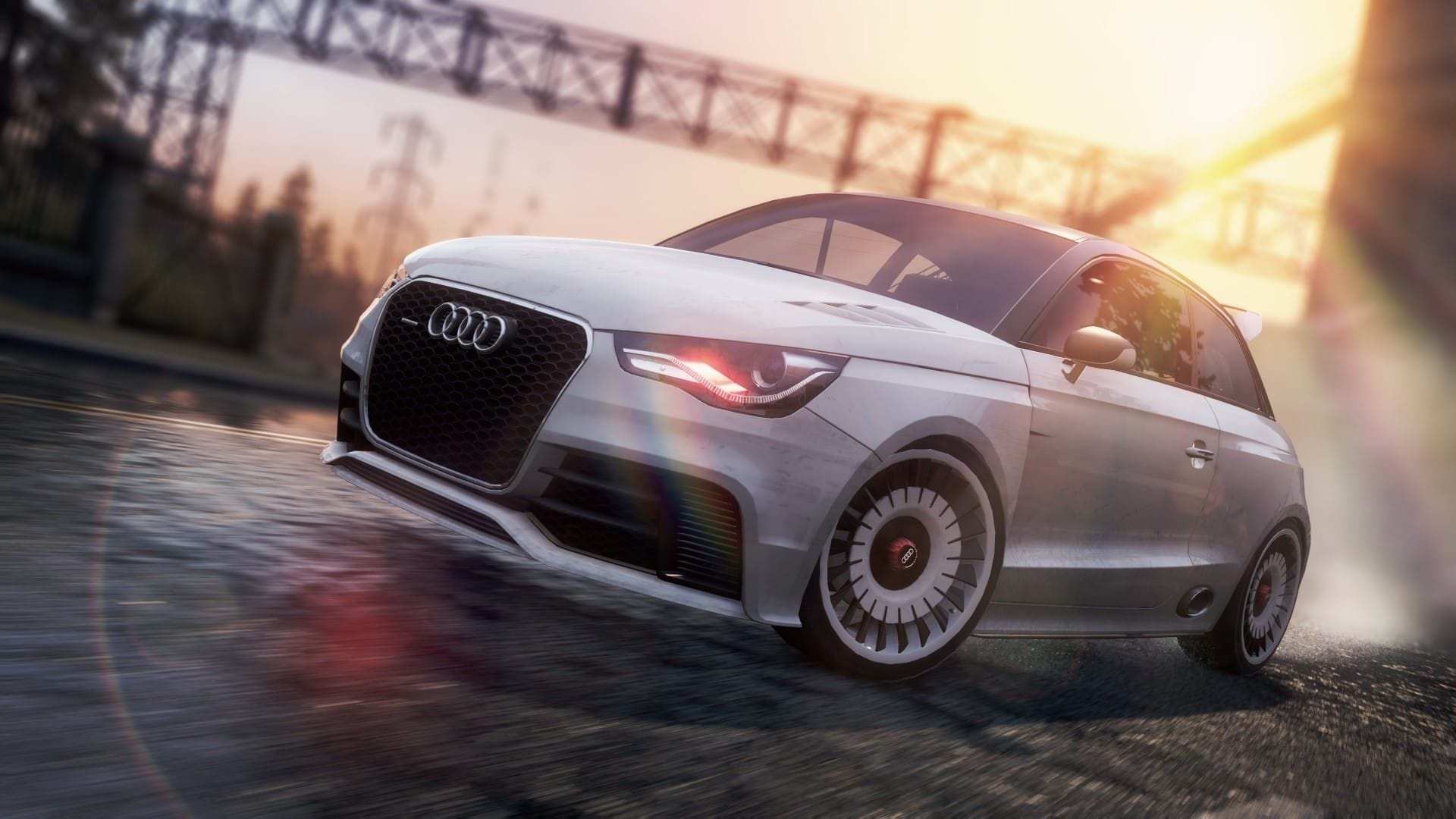 Audi A1 clubsport quattro, steel truss bridge, sun lens flare, Full HD Desktop wallpaper