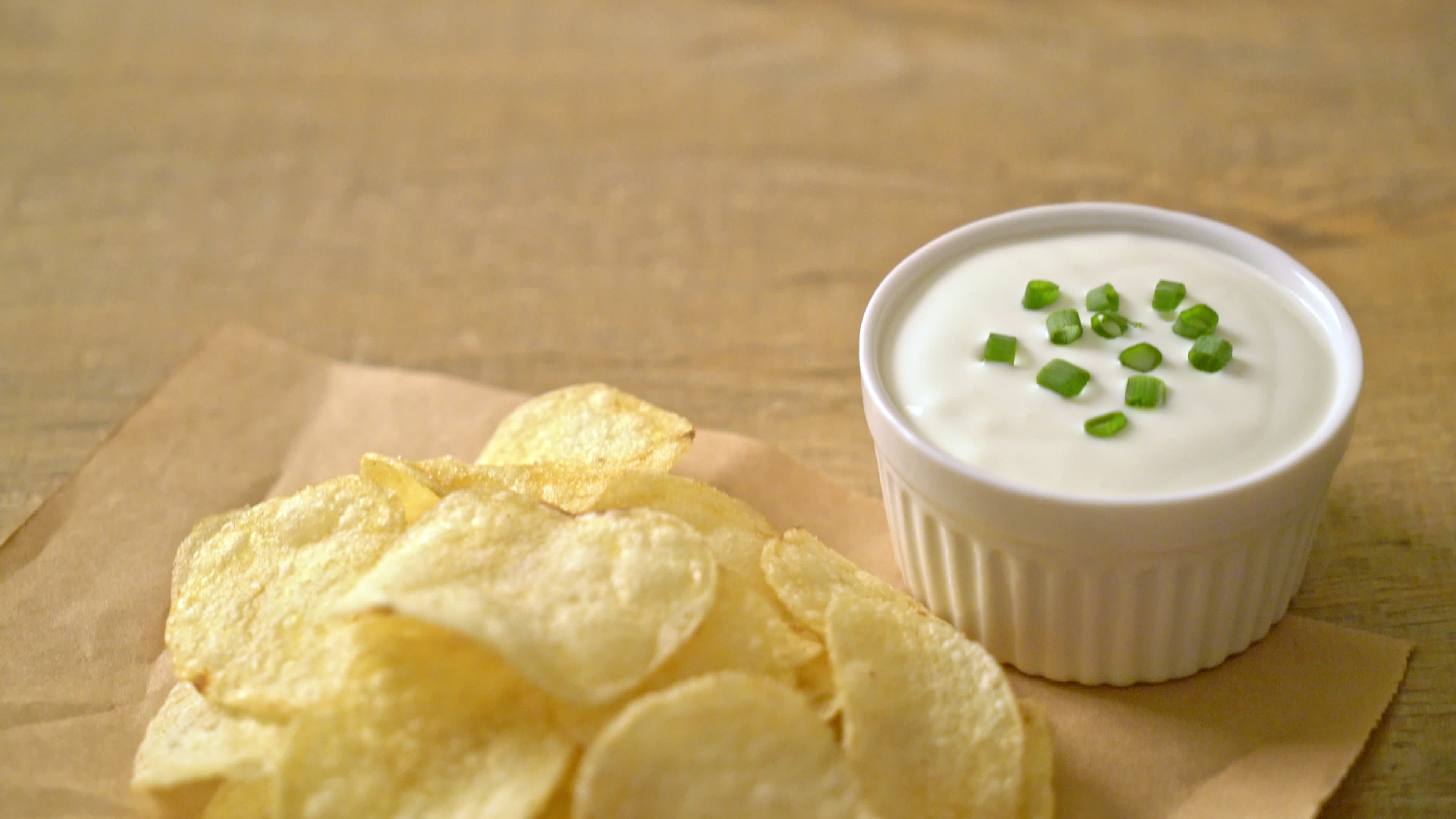 Potato chips, Sour cream dipping sauce, Delicious combination, Stock video, 3840x2160 4K Desktop