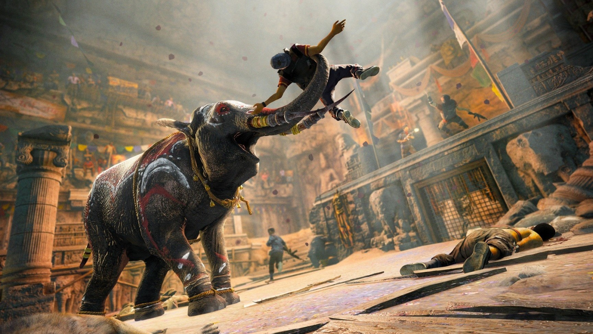 Far Cry 4 Shanath Arena, Decorated battle elephant, Airborne arena fighter, Full HD Desktop wallpaper