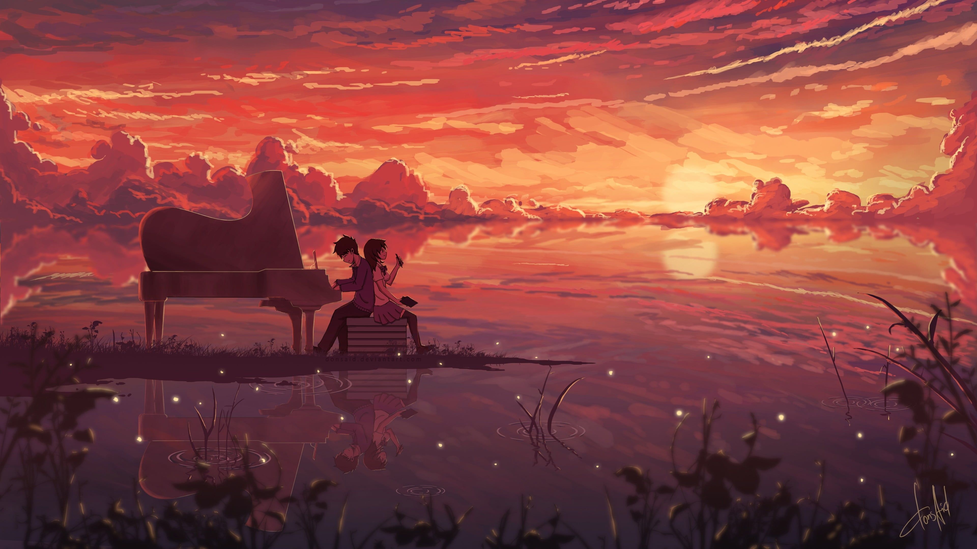 Kousei Arima and Kaori Miyazono, Grand piano by lake, Vibrant sunset water reflection, 4K Desktop wallpaper
