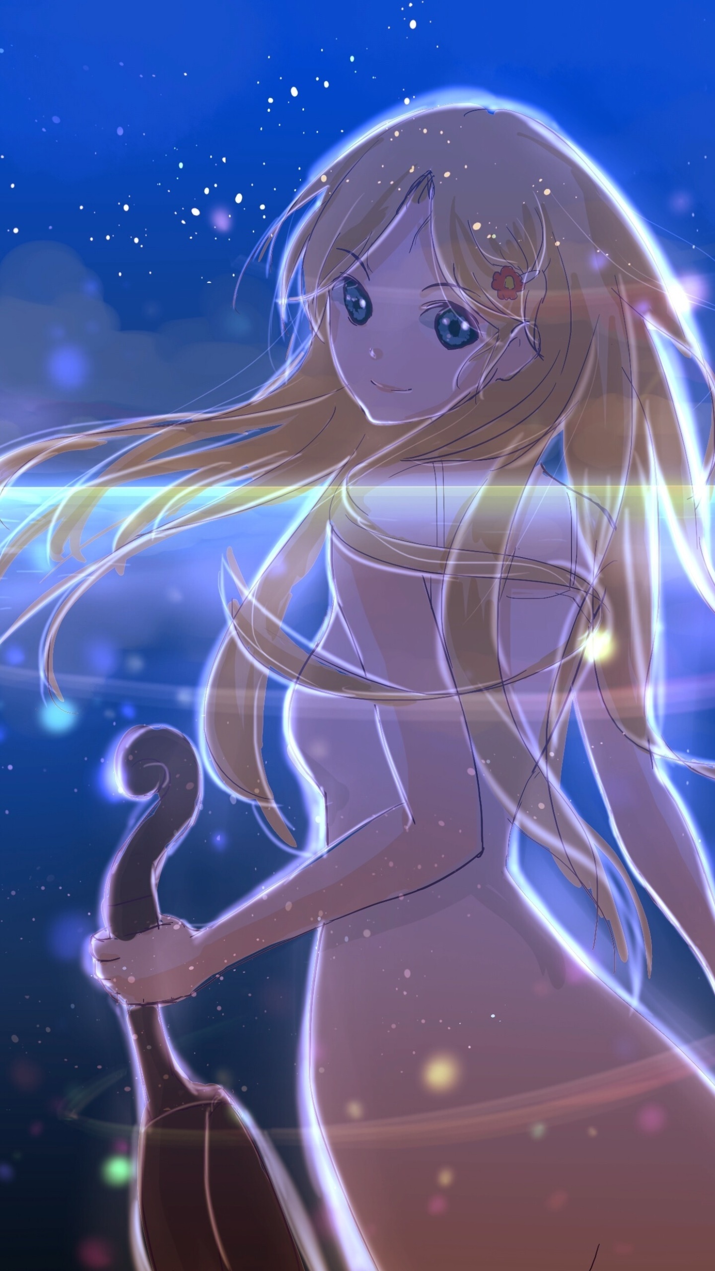 Kaori Miyazono, Acoustic violin, Glowing starry night sky, HD Phone wallpaper