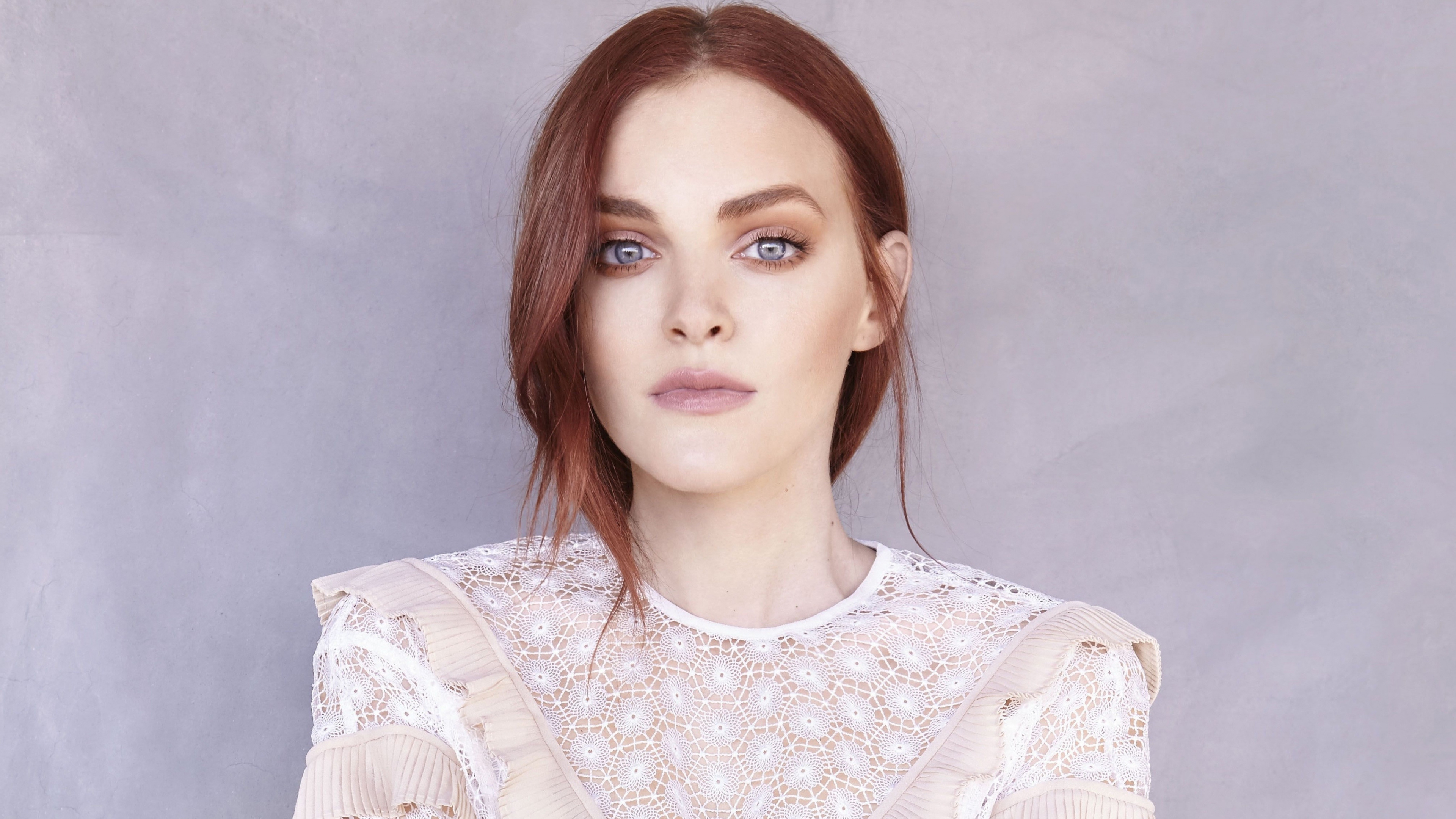 Madeline Brewer, white lace blouse, grey studio backdrop, 4K Desktop wallpaper