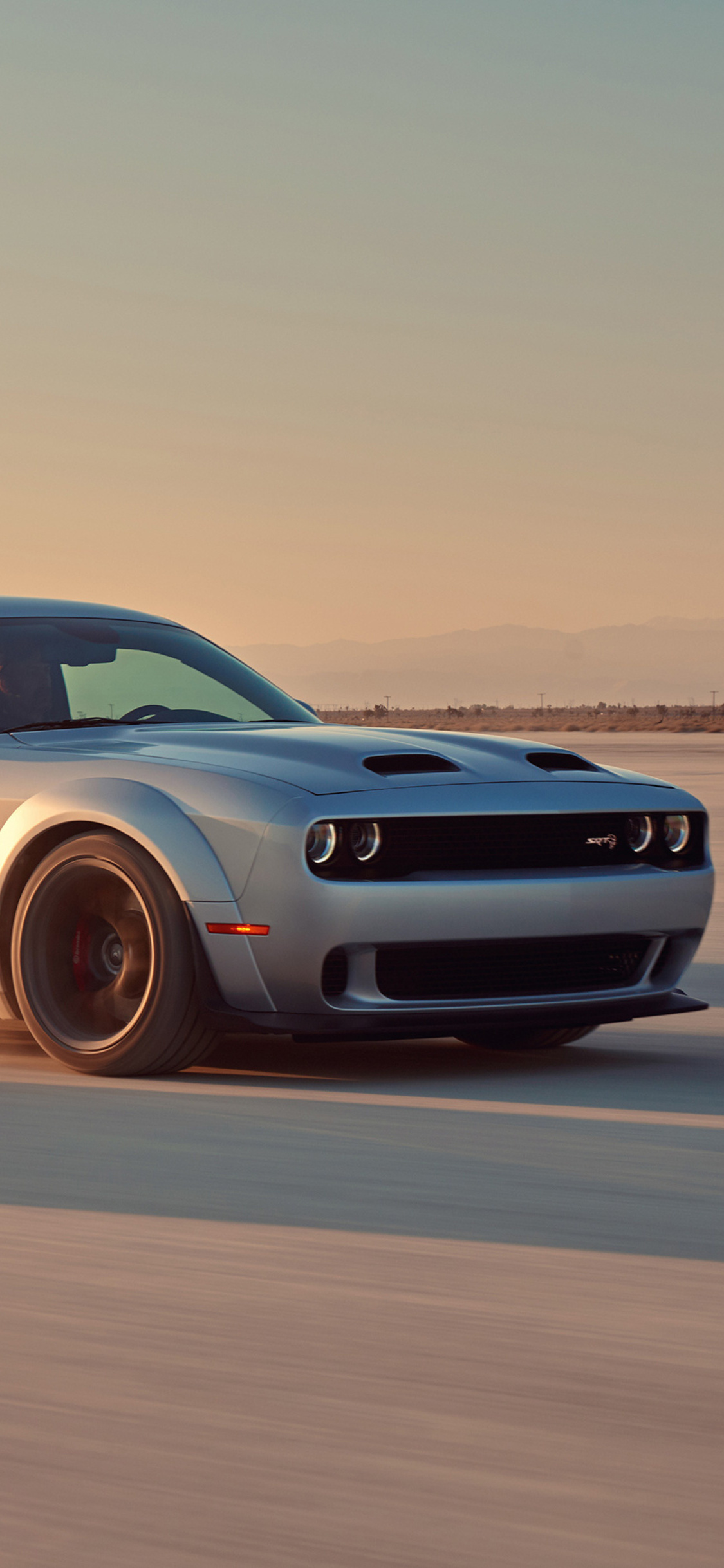 Dodge Challenger SRT Hellcat Widebody, desert dry lake bed, sunset horizon, HD Phone wallpaper