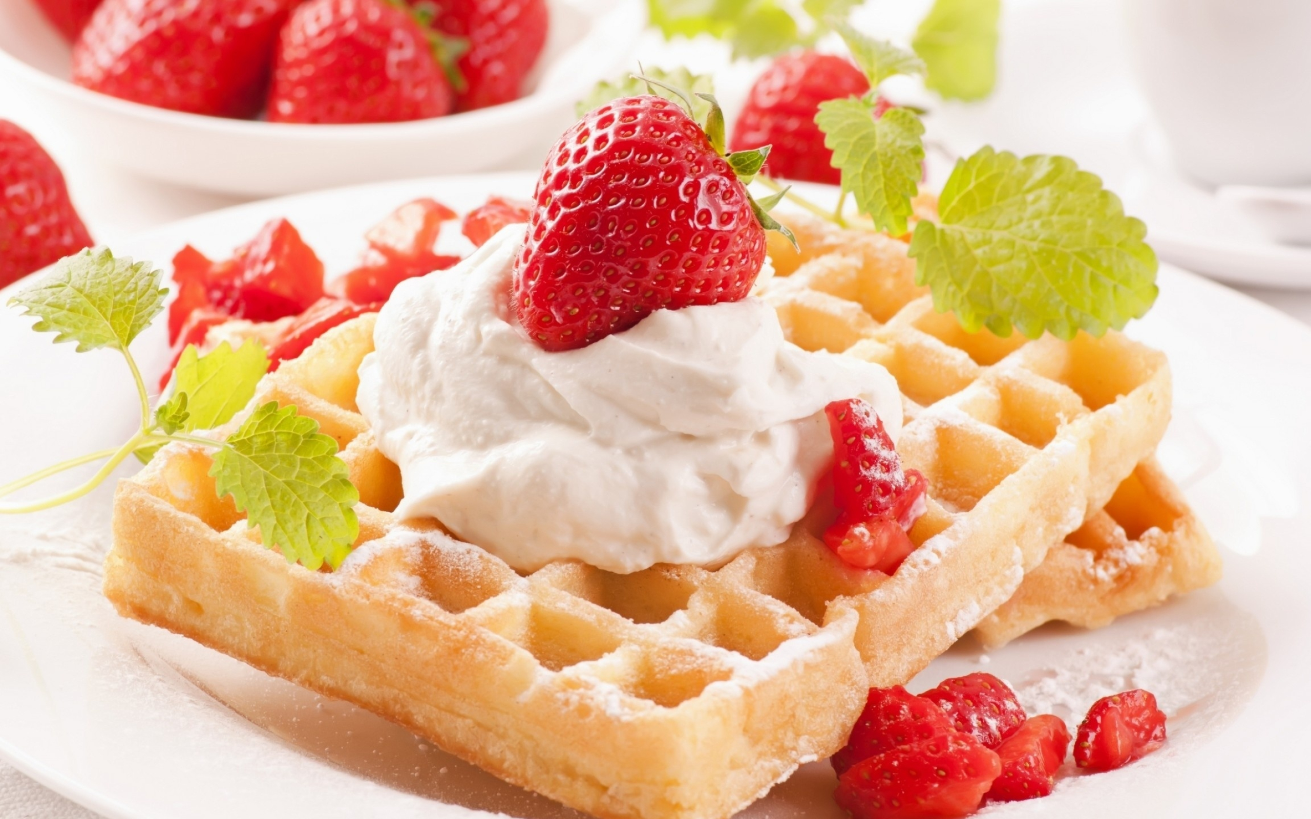 Whipped cream extravaganza, Strawberry waffles, Decadent indulgence, HD wallpapers, 2560x1600 HD Desktop