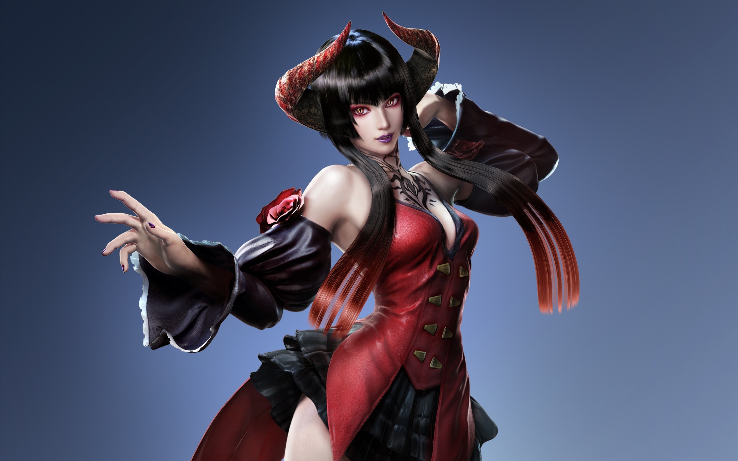 Eliza, curved demon horns, red gothic dress, HD Desktop wallpaper