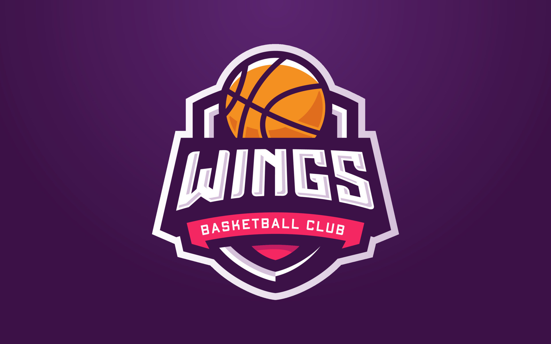 Wings Basketball Club crest, Orange basketball shield emblem, Purple gradient backdrop, HD Desktop wallpaper