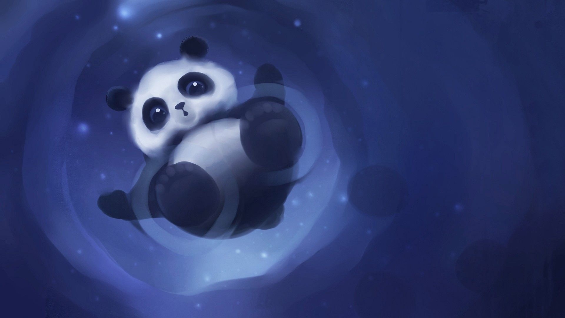 Floating baby panda, Glowing water ripples, Deep blue starry pool, Full HD Desktop wallpaper