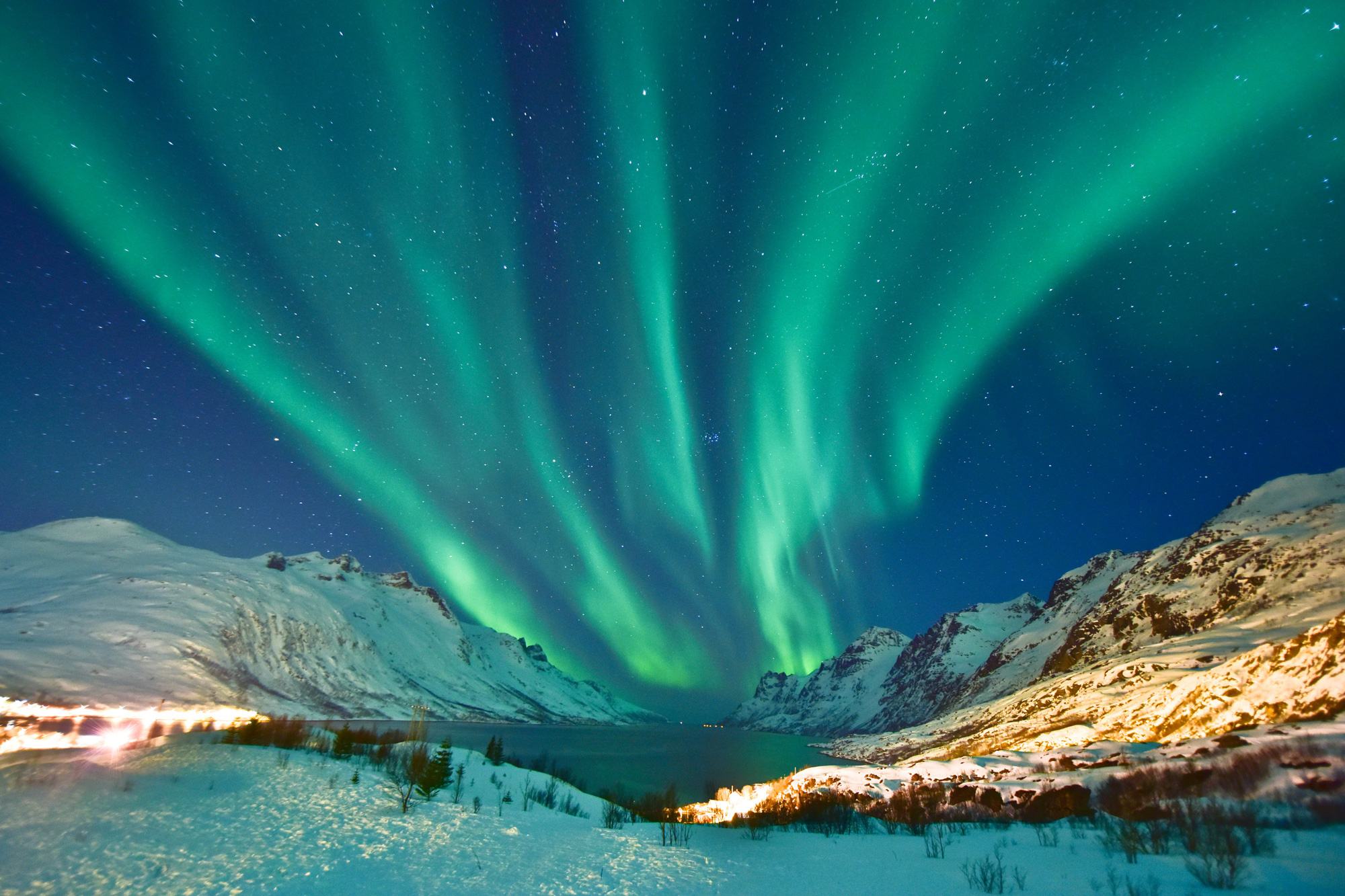 Green Aurora Borealis, Snowy fjord mountains, Illuminated coastal shoreline, HD Desktop wallpaper