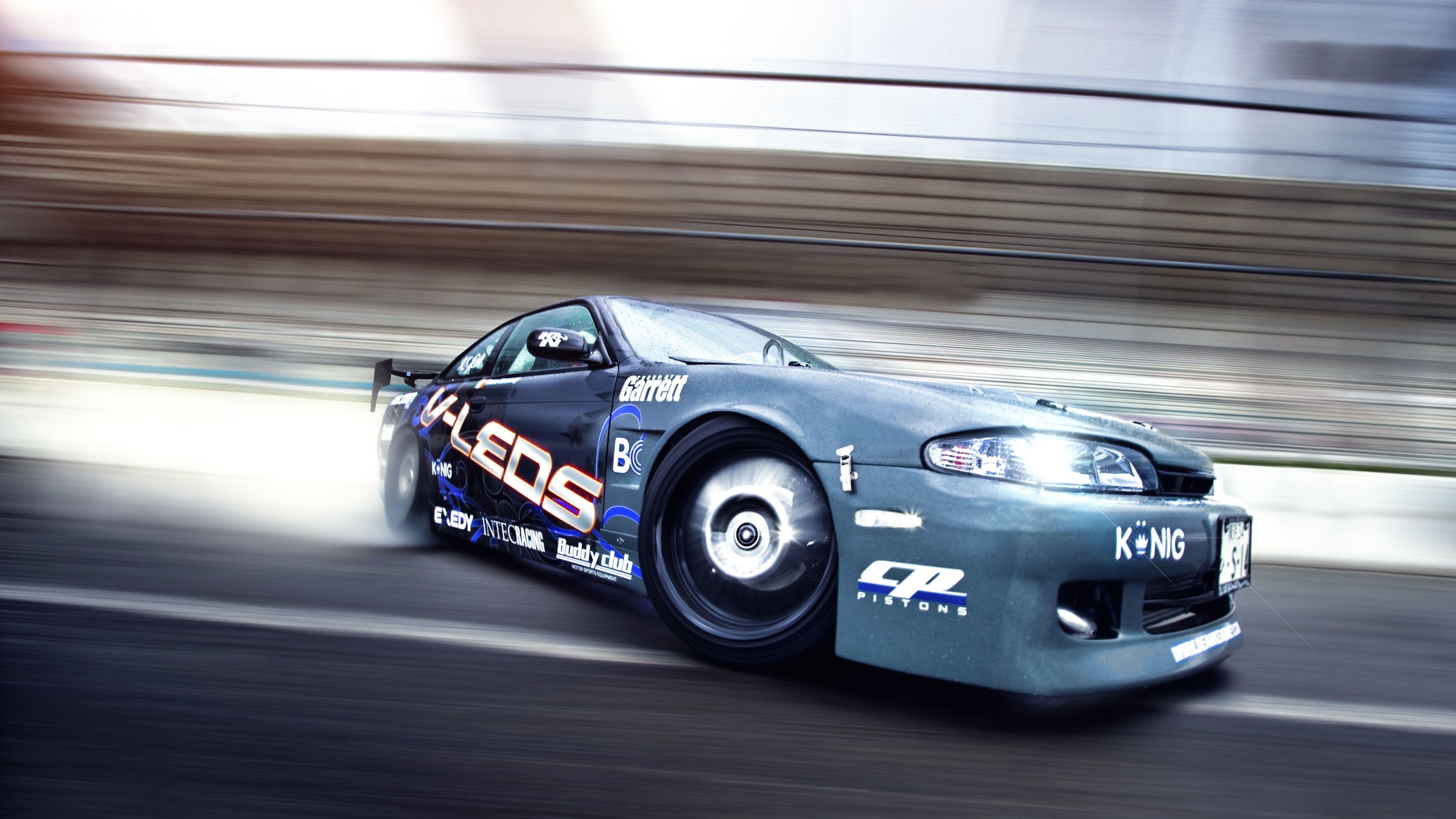 Nissan Silvia S14 Zenki, V-LEDS livery, drifting on race track, 4K Desktop wallpaper