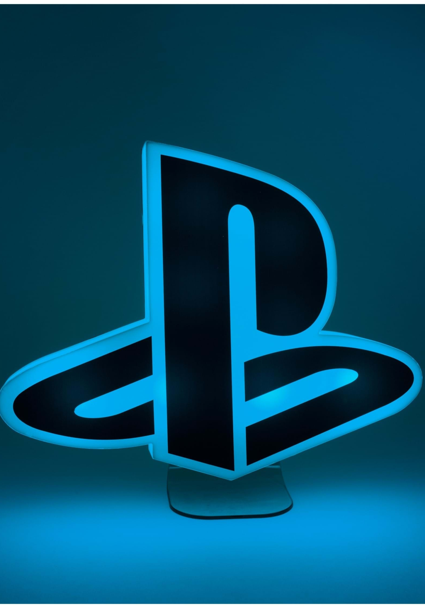 PlayStation logo lamp, Glowing cyan neon outline, Dark blue ambient glow, HD Phone wallpaper