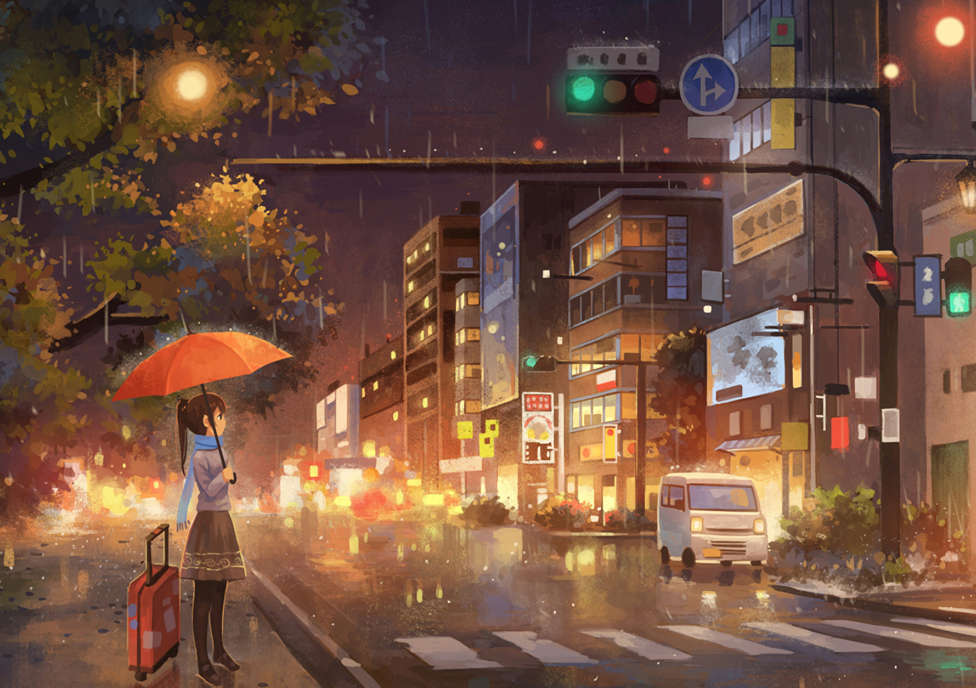 girl holding orange umbrella, white Japanese kei truck, rainy city street intersection, HD Desktop wallpaper