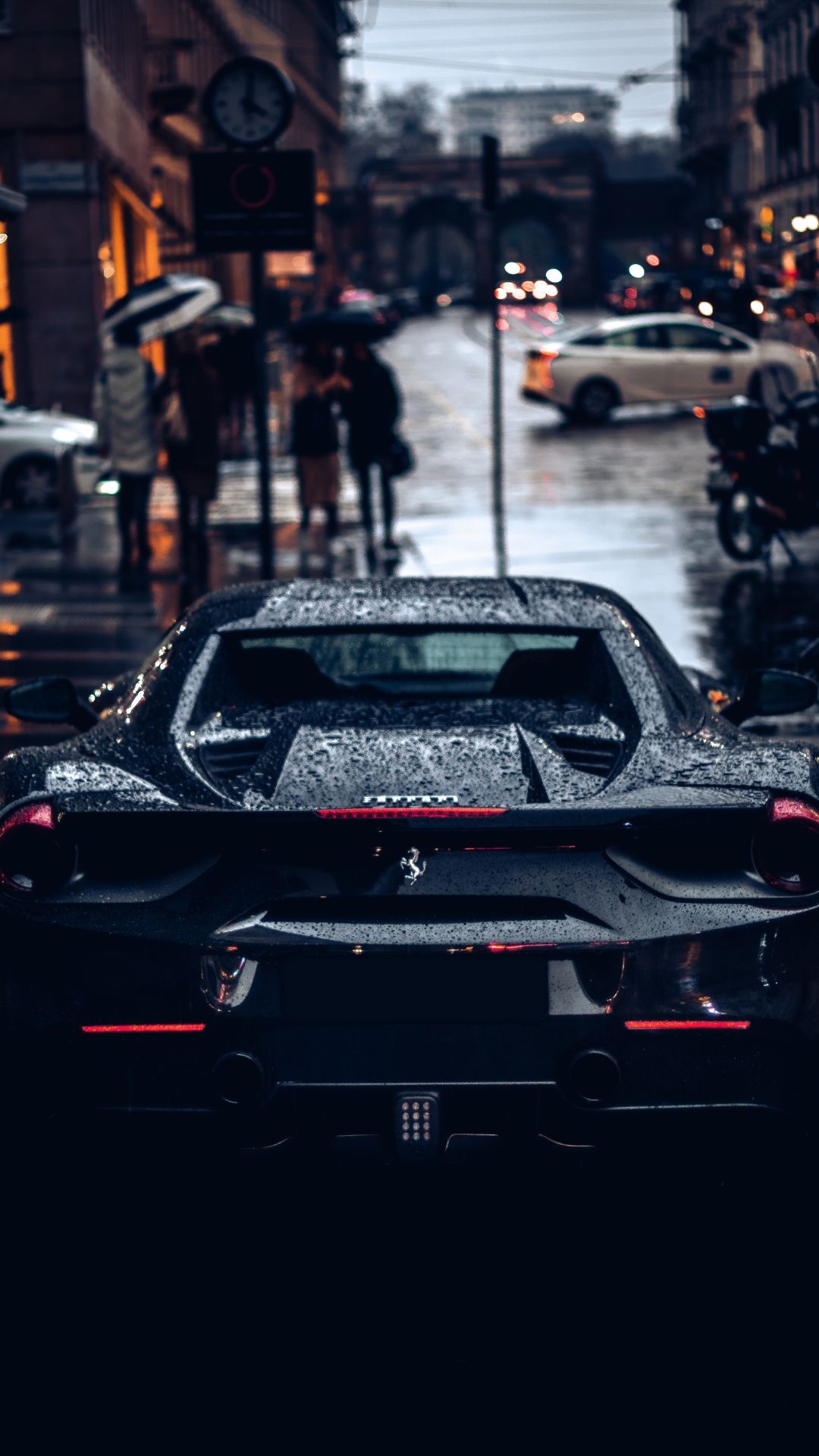 Ferrari 488 Pista, rain-slicked city street, water droplets on car, Full HD Phone wallpaper