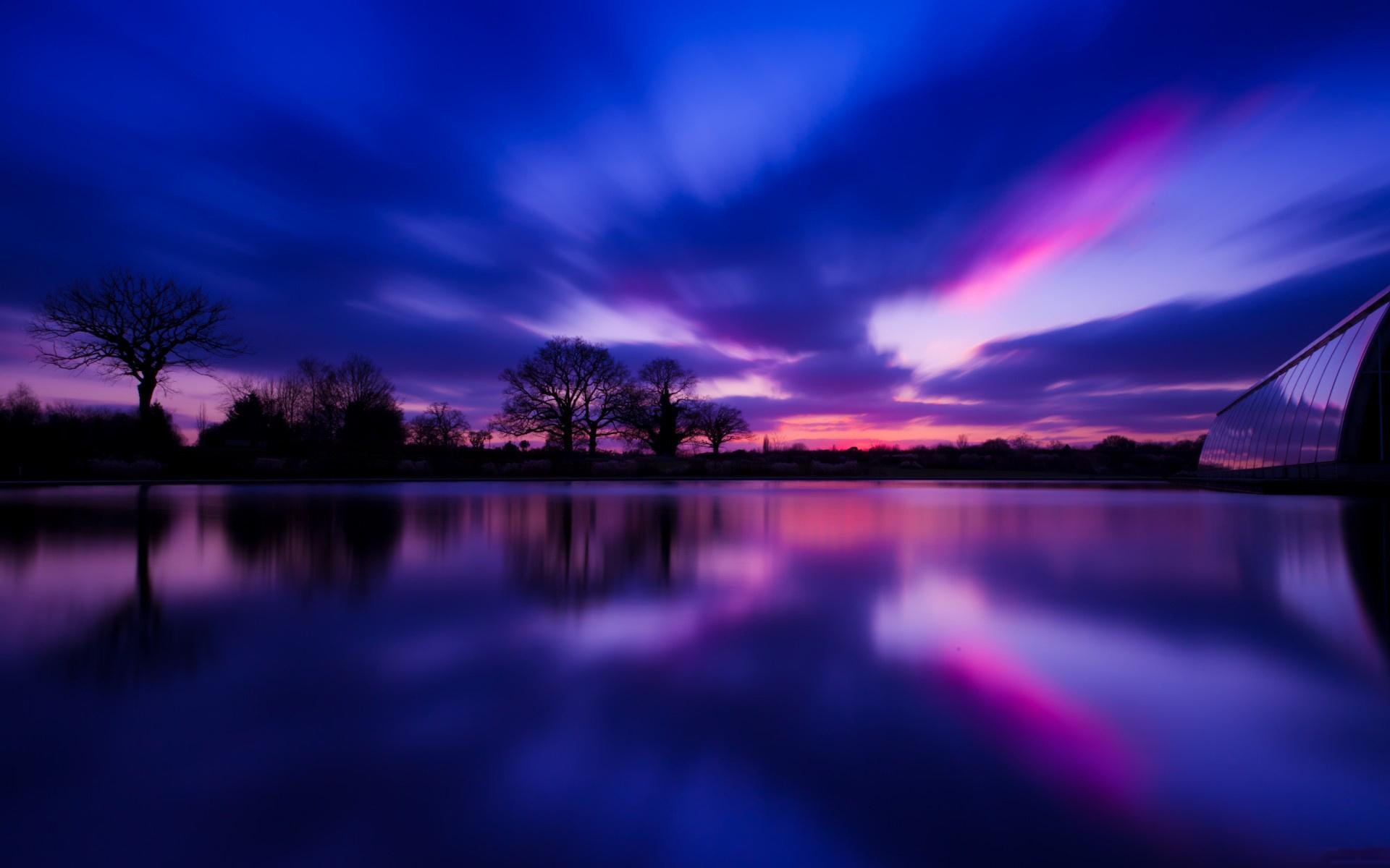 curved glass greenhouse, silhouetted bare trees, purple dusk lake reflection, HD Desktop wallpaper