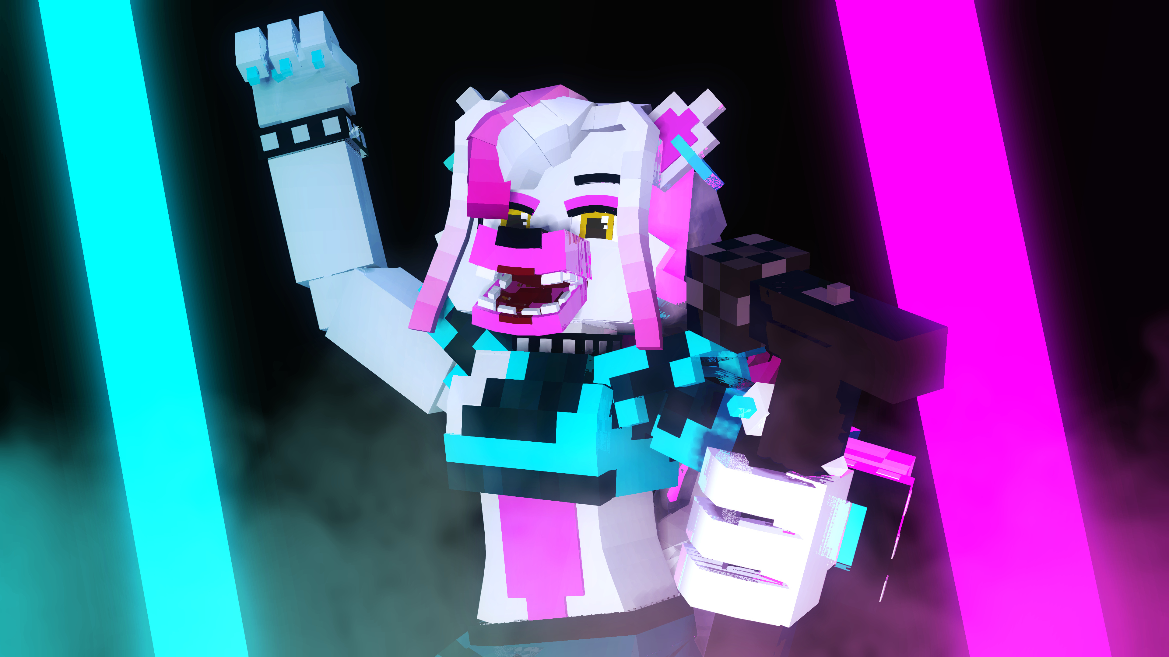 Roxanne Wolf Minecraft model, Five Nights at Freddy's: Security Breach, Cyan and magenta neon beams, 4K Desktop wallpaper