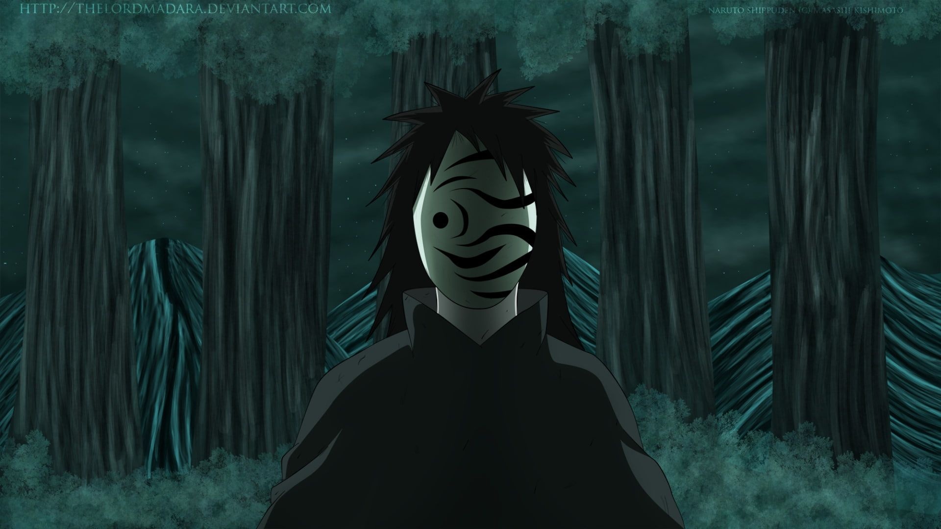 Obito Uchiha, flame patterned mask, dark forest, Full HD Desktop wallpaper