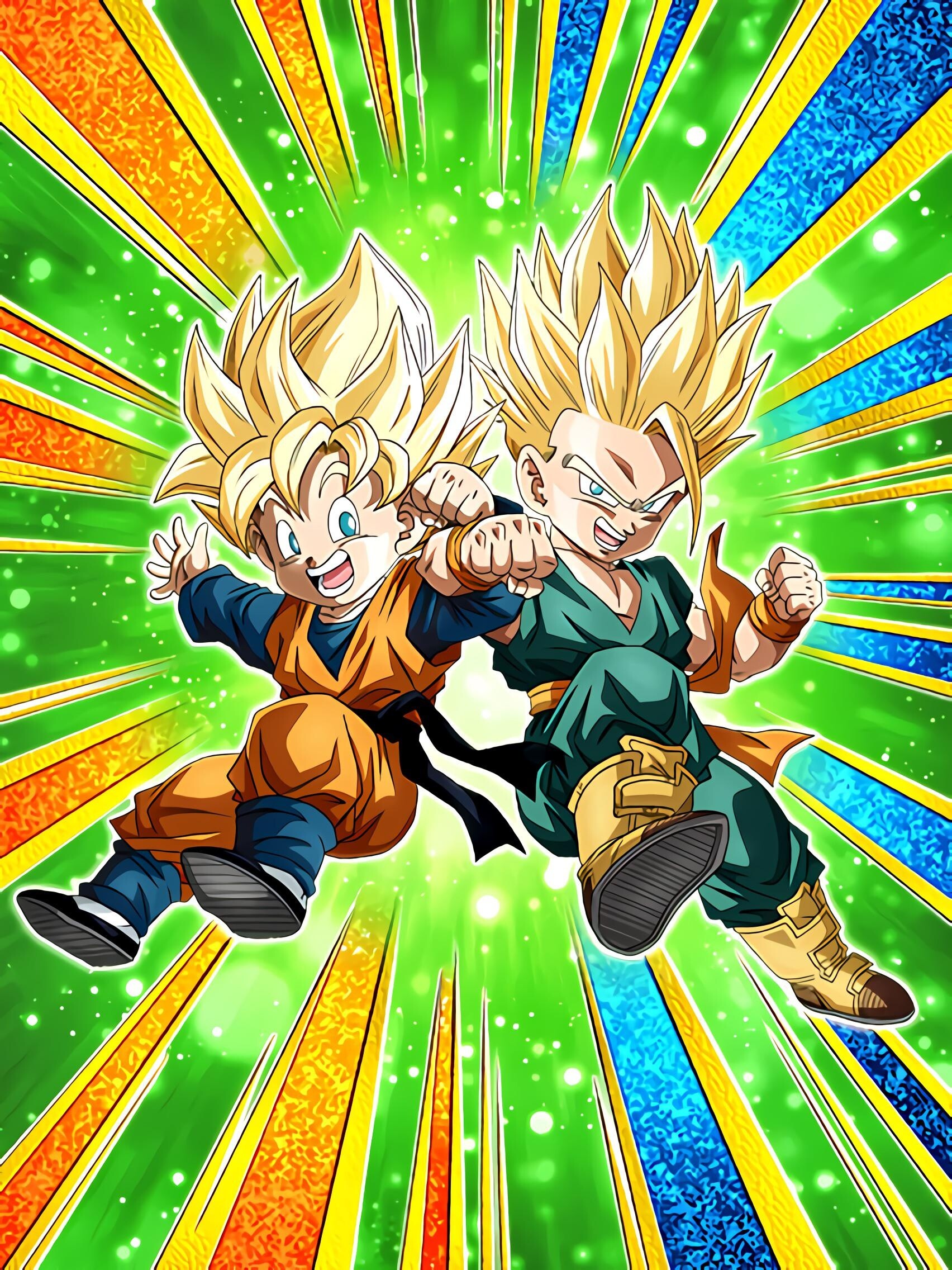 Goten, Trunks, Super Saiyan, Kid fighters, Rainbow burst backdrop, Dragon Ball Z, HD Desktop wallpaper