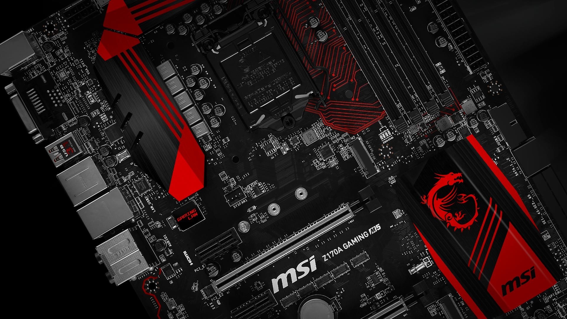 MSI Z170A GAMING M5 motherboard, MSI red dragon logo, printed circuit board, Full HD Desktop wallpaper
