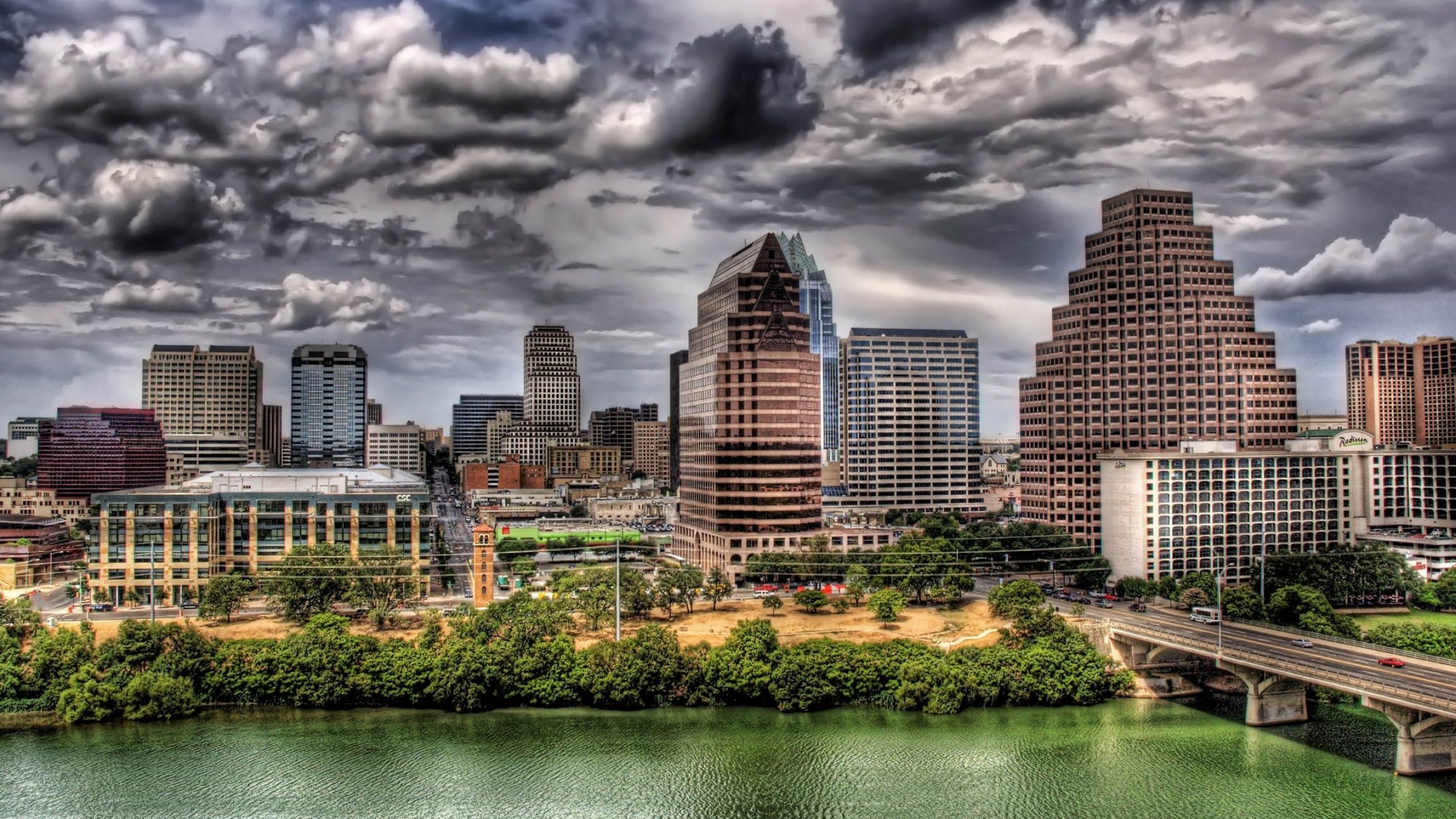 Pennybacker Bridge, Austin skyline, HDR photography, Iconic landmarks, 2560x1440 HD Desktop