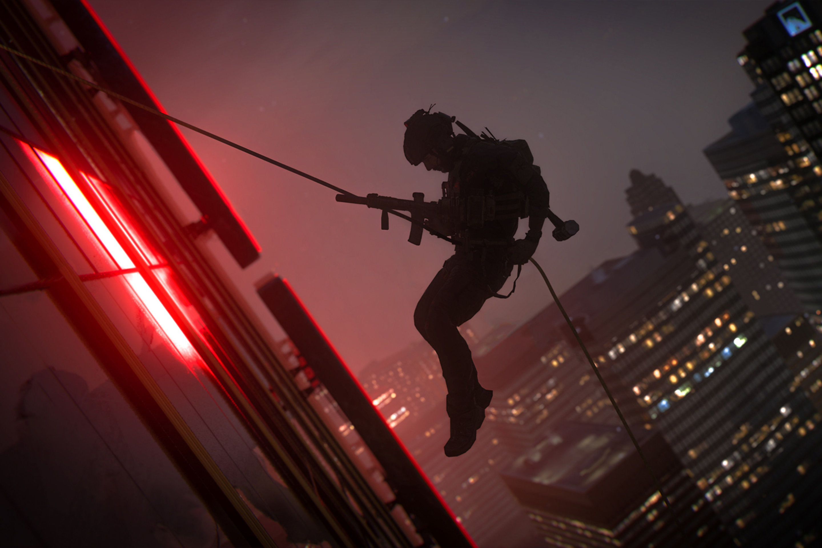 Call of Duty: Modern Warfare II, Task Force 141 rappelling silhouette, Illuminated skyscraper glass facade, HD Desktop wallpaper