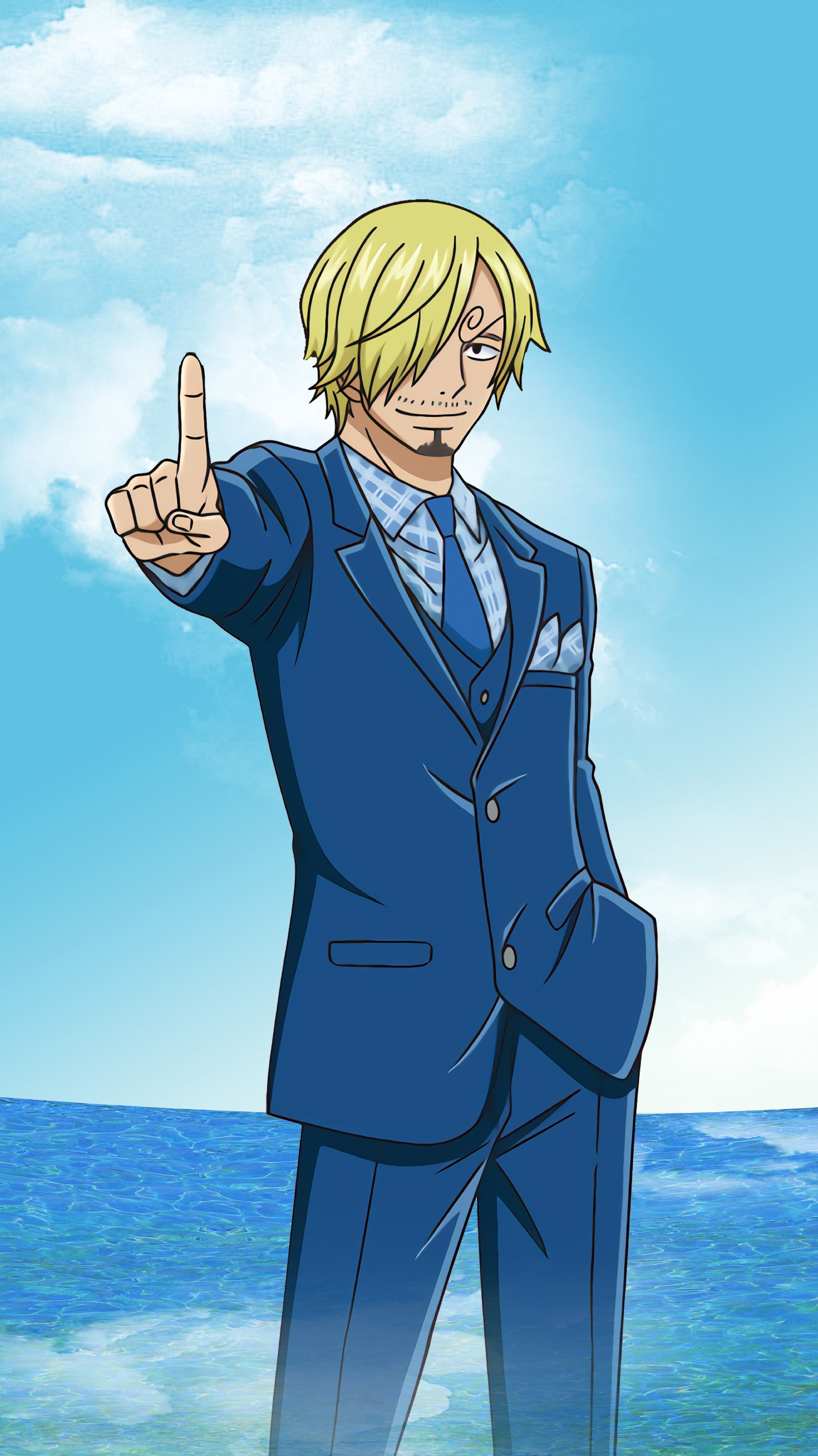 Sanji, blue three-piece suit, sunny ocean horizon, HD Phone wallpaper