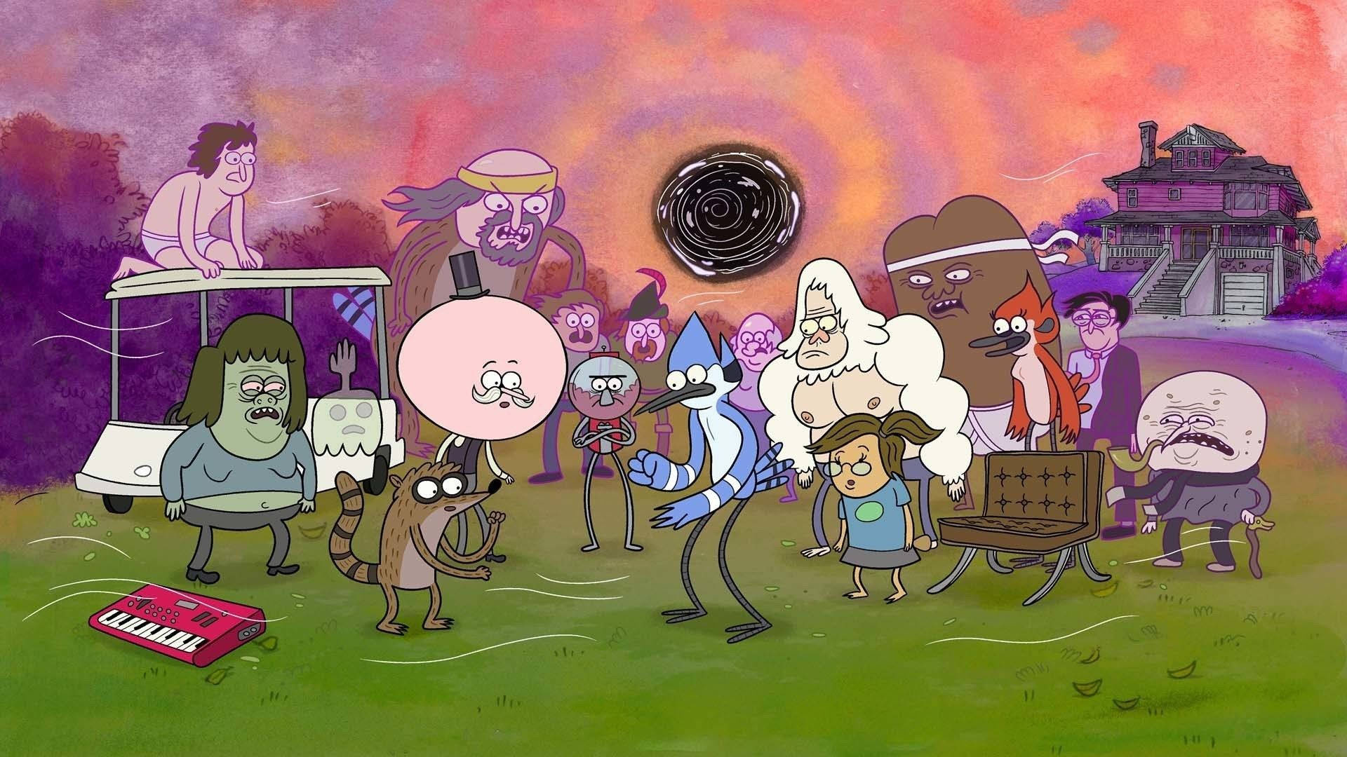 Mordecai and Rigby in park crowd, Skips the yeti, Pops in top hat, Black vortex in pink sky, Regular Show, Full HD Desktop wallpaper