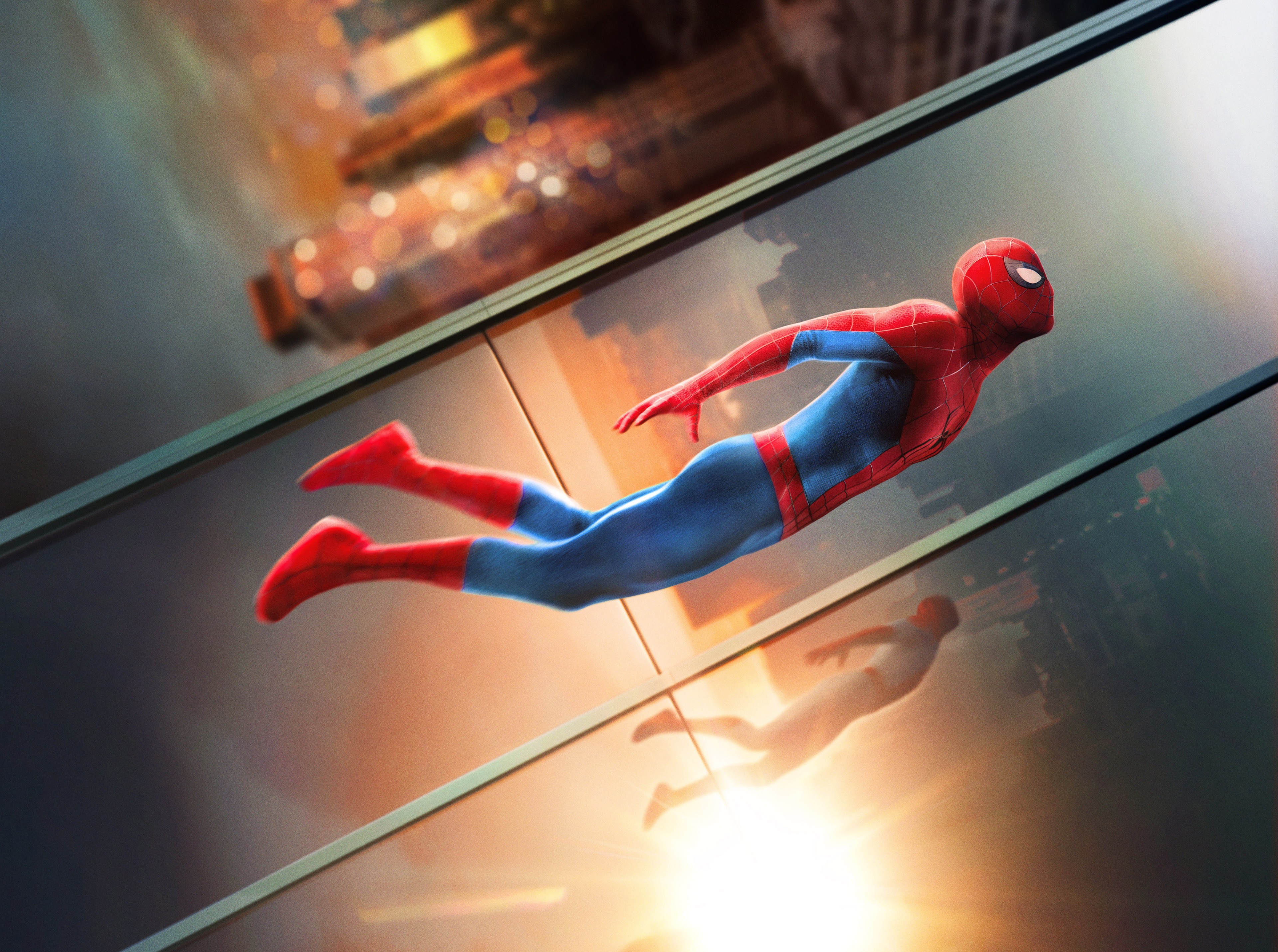 Classic Suit, Reflective glass skyscraper, Golden sunset glow, 4K Desktop wallpaper