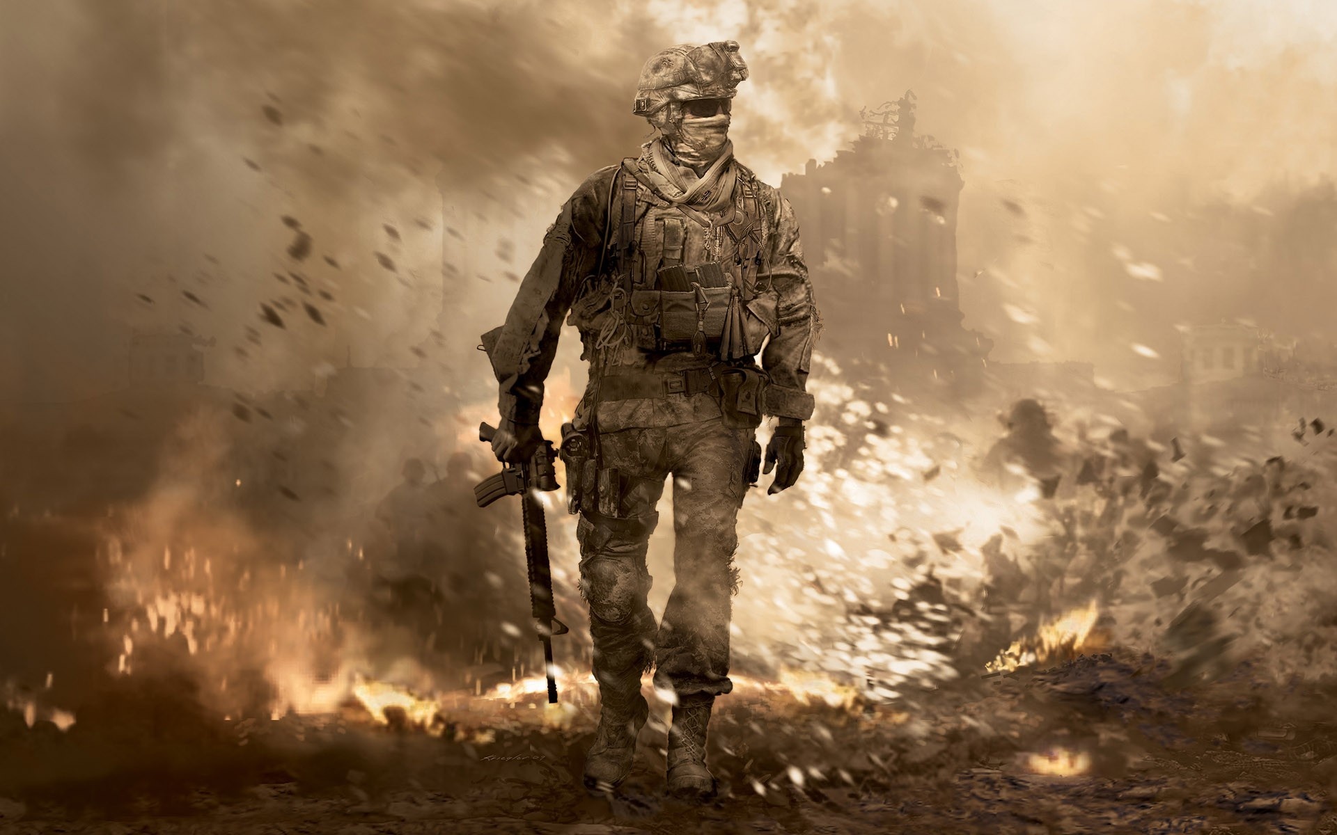 Call of Duty: Modern Warfare 2 soldier, M4A1 assault rifle, Burning battlefield debris, HD Desktop wallpaper
