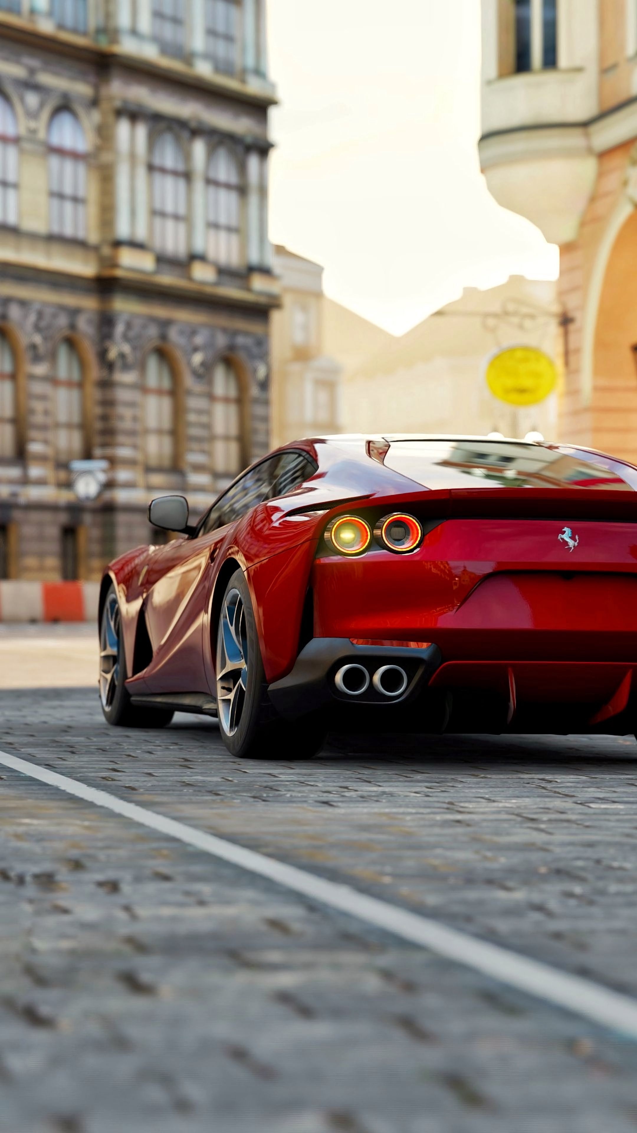 Ferrari 812 Superfast, cobblestone city street, twin dual exhaust pipes, 4K Phone wallpaper