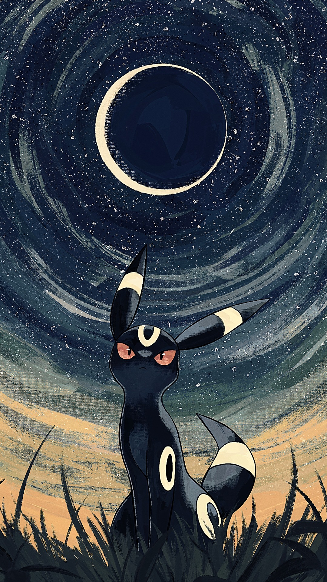 Umbreon, Johto, Crescent moon, Swirling starry sky, Full HD Phone wallpaper