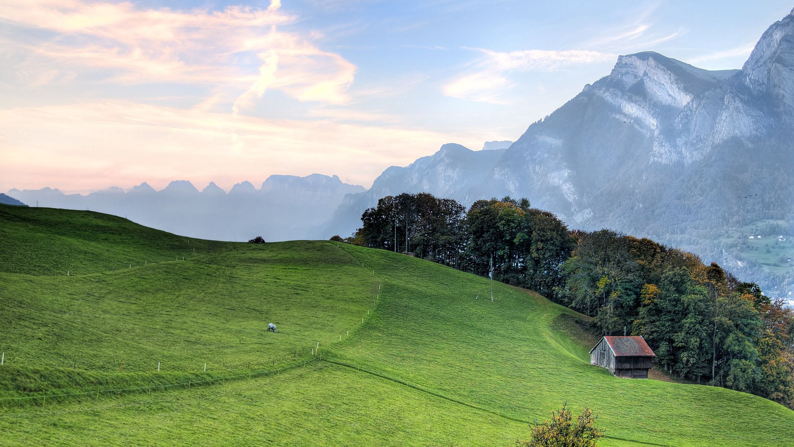 wooden alpine barn, rolling green mountain pasture, rugged Swiss Alps peaks, HD Desktop wallpaper