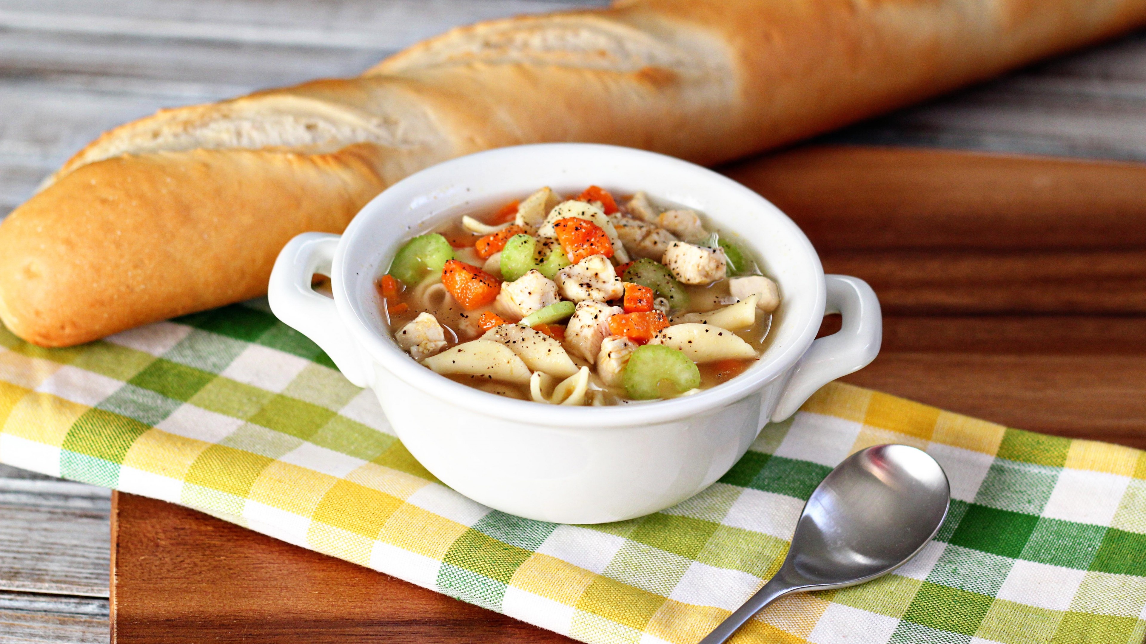 Soup with baguette, Comforting dish, Nourishing meal, Satisfying flavors, 3840x2160 4K Desktop