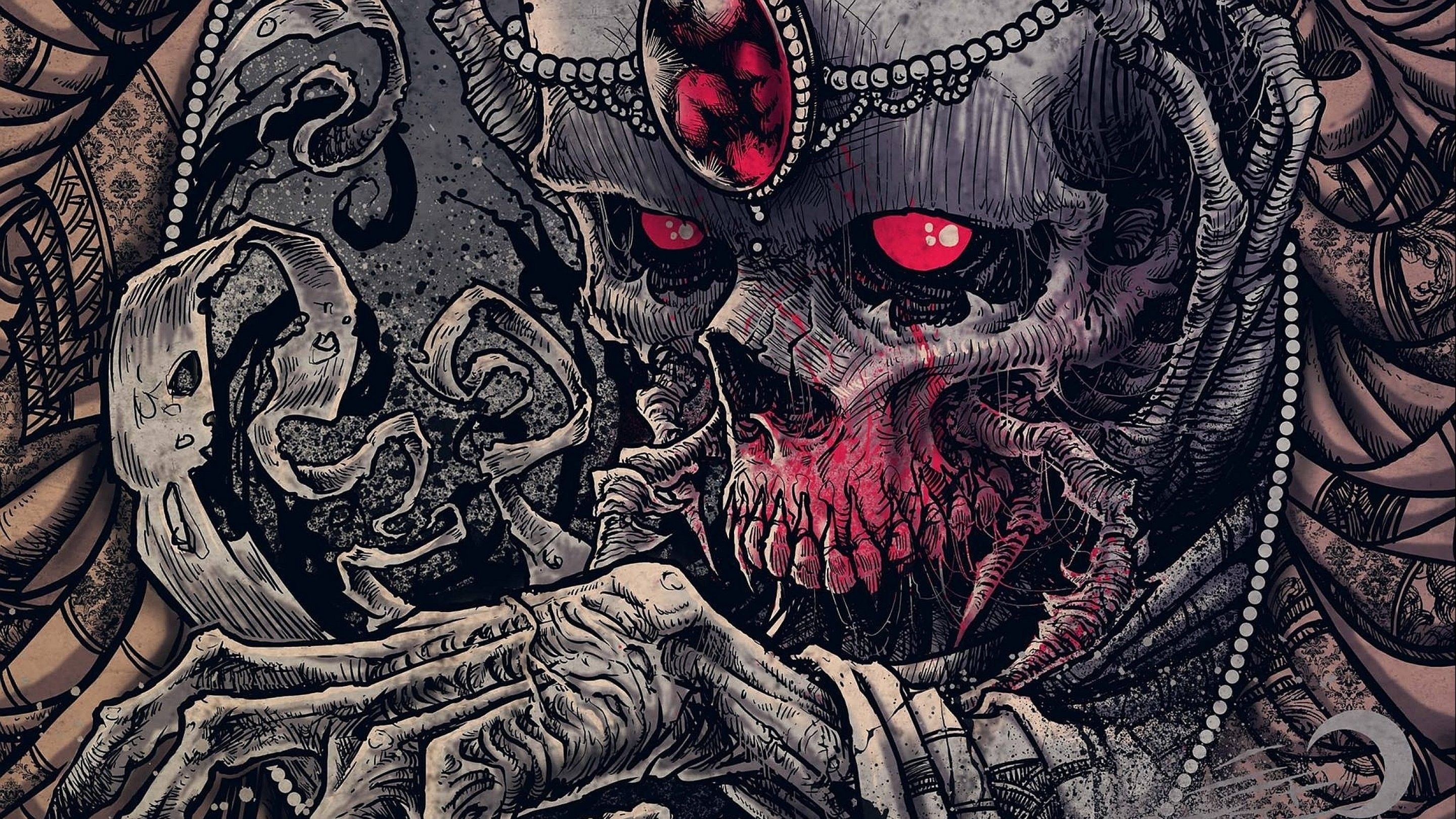 Jewelled bone crown skull, Skeletal hands clasped below, Crimson ink-shaded linework, HD Desktop wallpaper