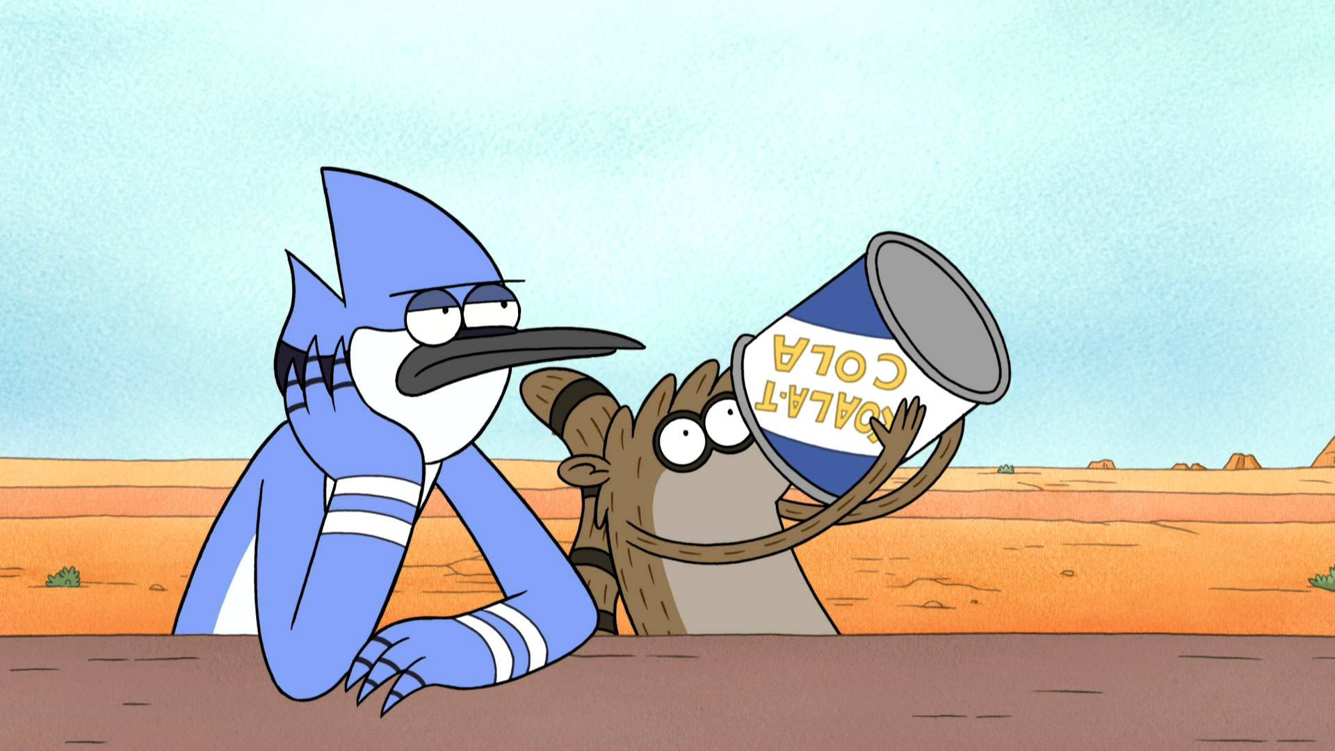 Mordecai resting chin on hand, Rigby chugging a cola can, Orange desert flat, Regular Show, Full HD Desktop wallpaper