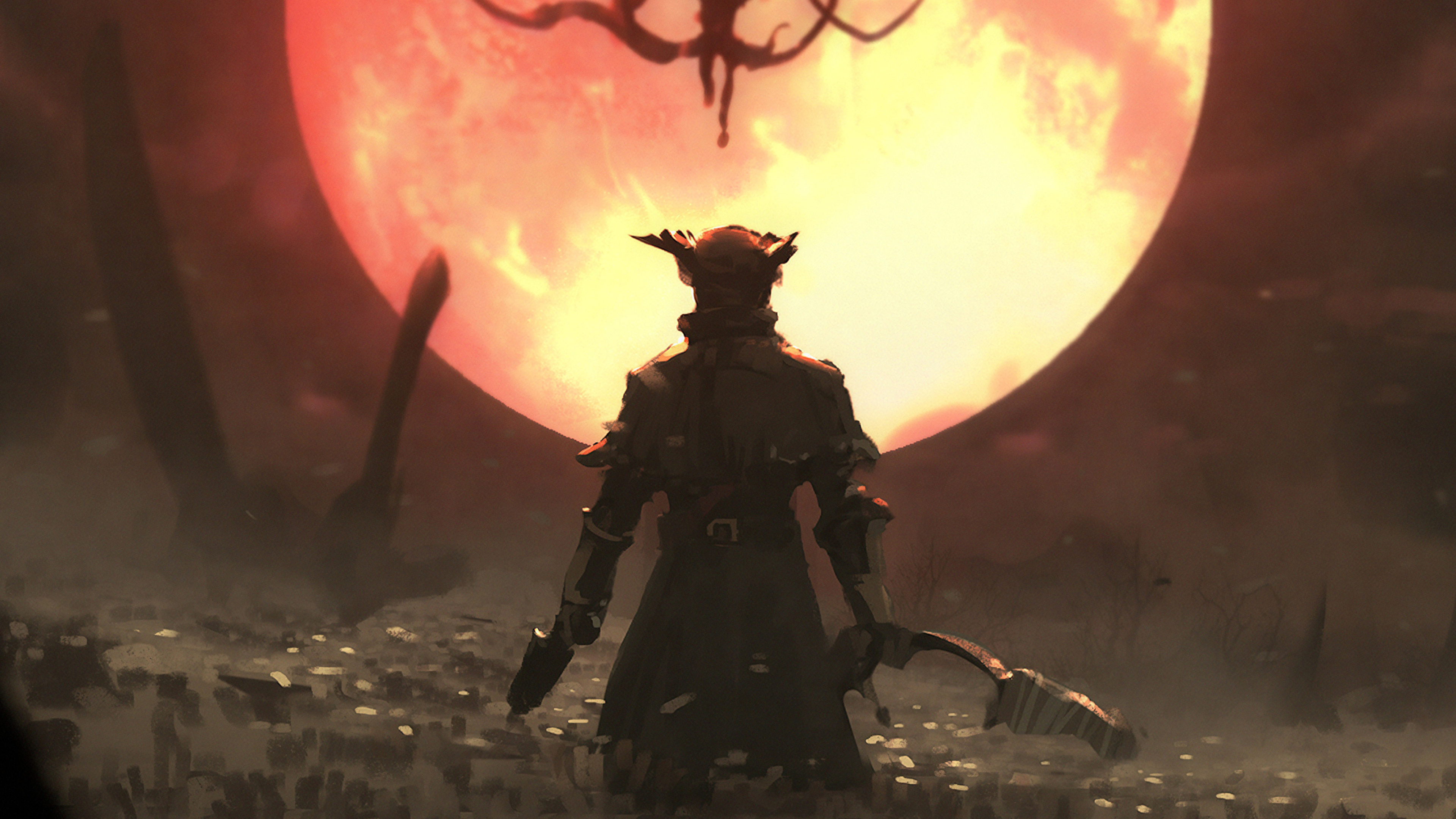 Bloodborne Hunter, Moon Presence silhouette, Blood Moon, 4K Desktop wallpaper