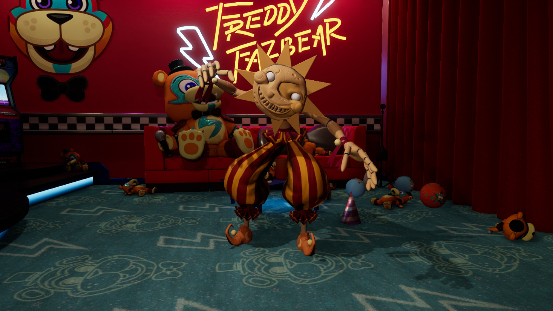Sun Daycare Attendant, Freddy Fazbear neon sign, Glamrock Freddy plush, Superstar Daycare, Full HD Desktop wallpaper