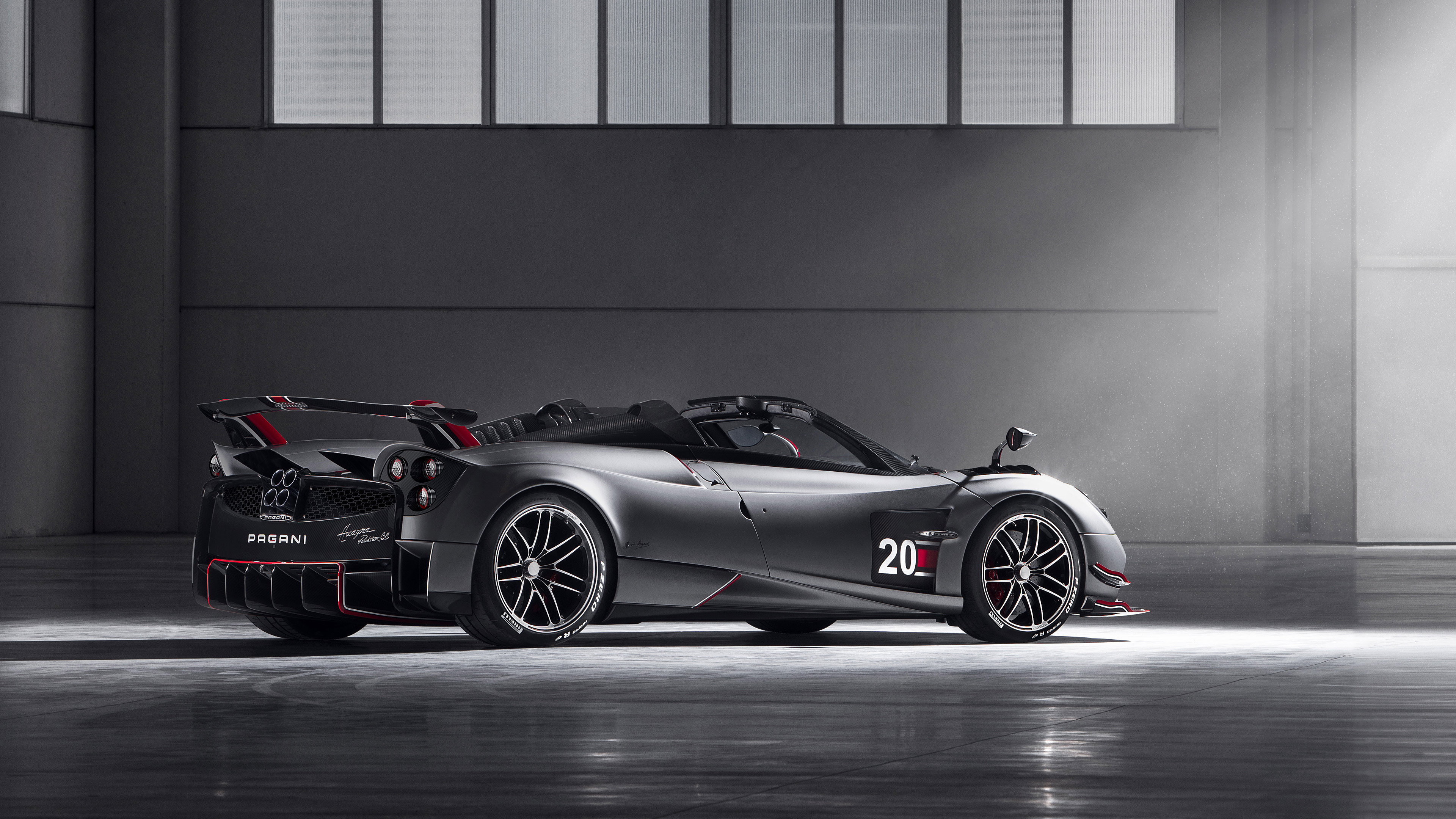 Pagani Huayra Roadster BC, Industrial concrete studio, Carbon fiber aerodynamic wing, 4K Desktop wallpaper