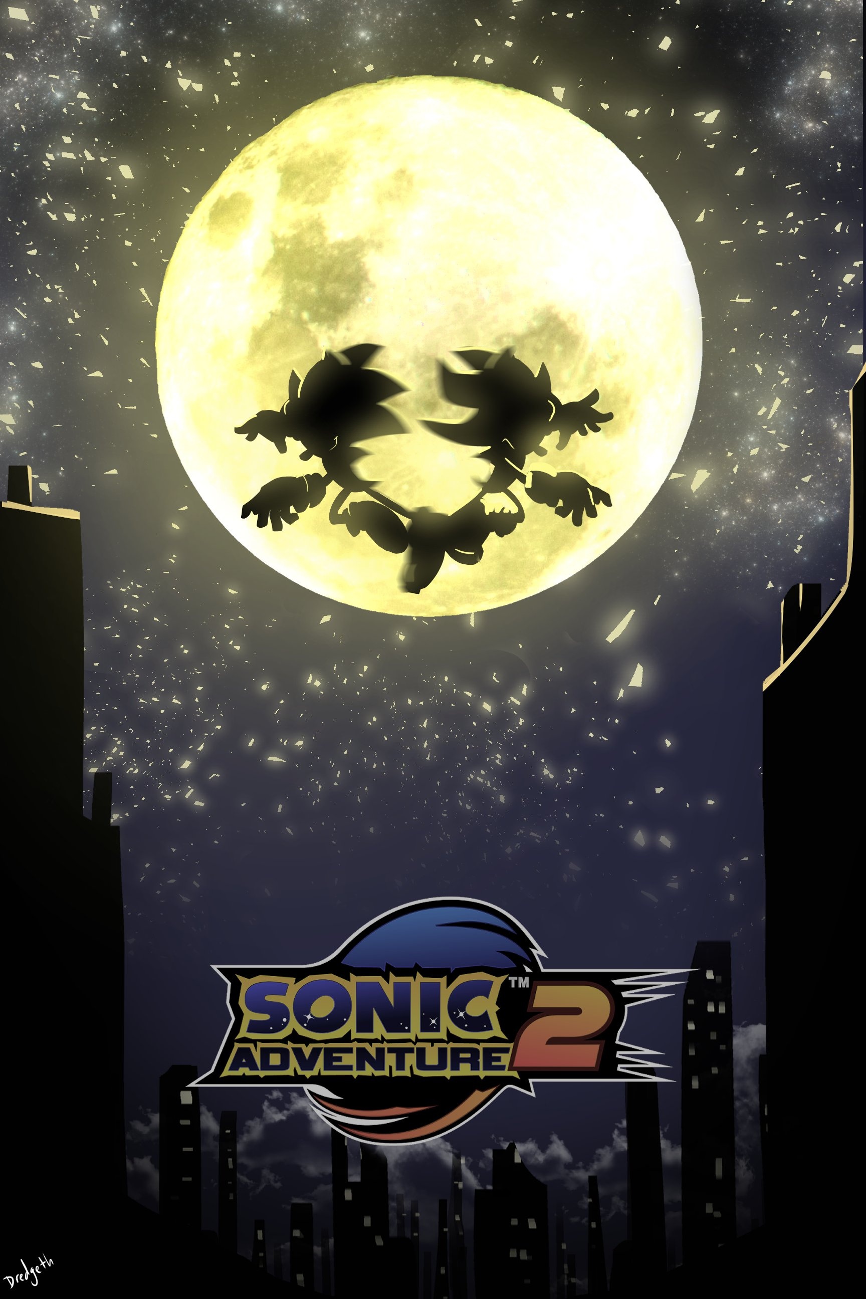 Sonic and Shadow silhouettes, Sonic Adventure 2 logo, glowing full moon, HD Phone wallpaper