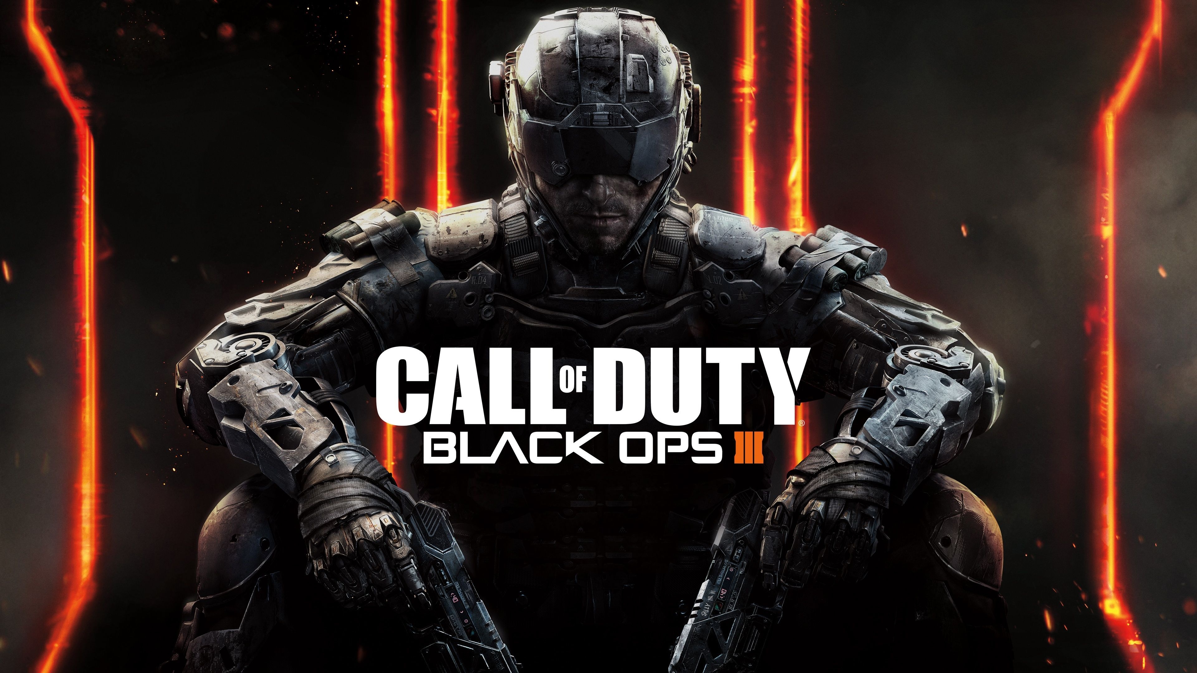Call of Duty: Black Ops III logo, Black Ops III cybernetic soldier, Glowing orange Roman numeral III, 4K Desktop wallpaper