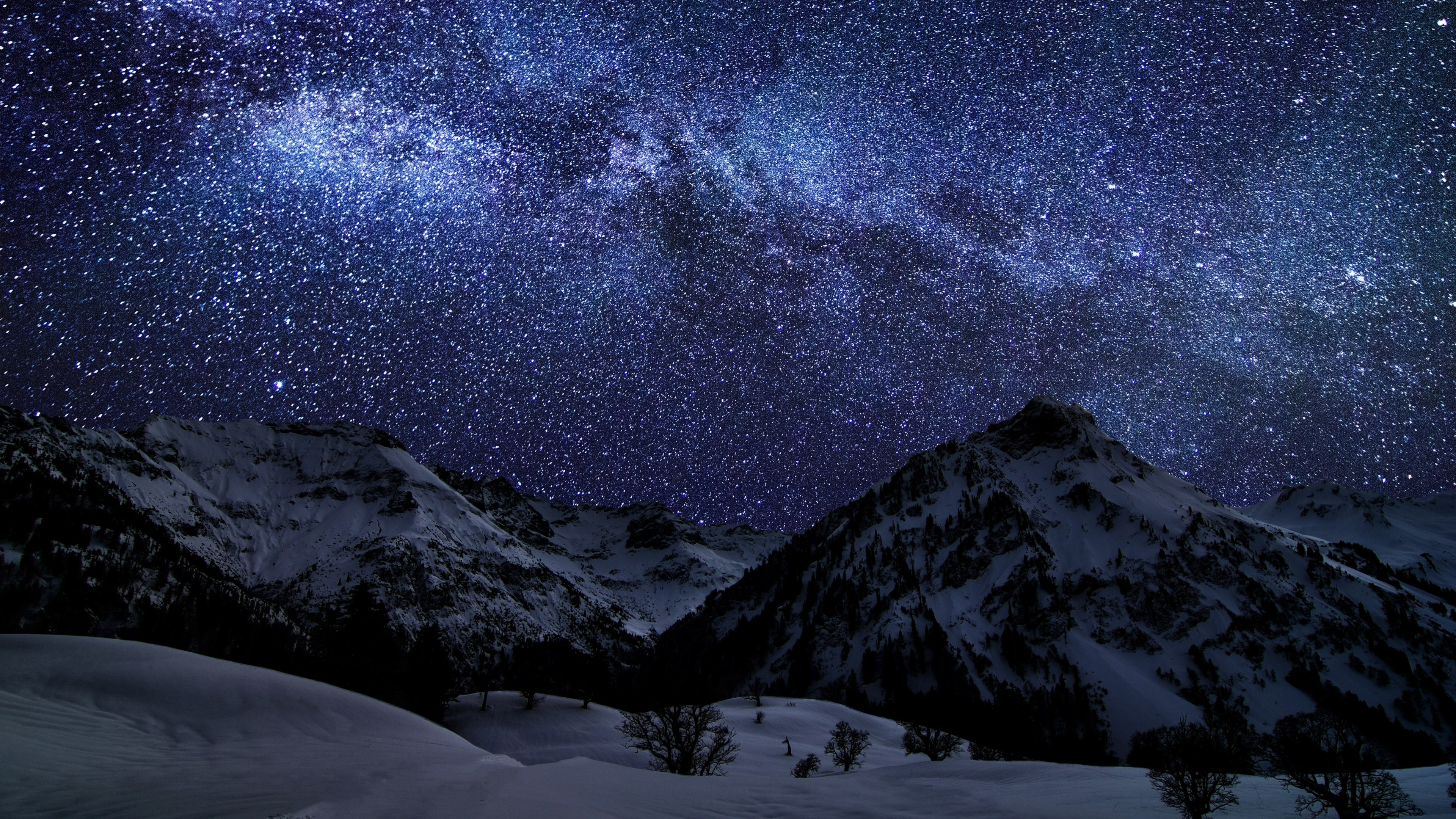 Milky Way galaxy, snowy mountain peaks, winter snowfield landscape, 4K Desktop wallpaper