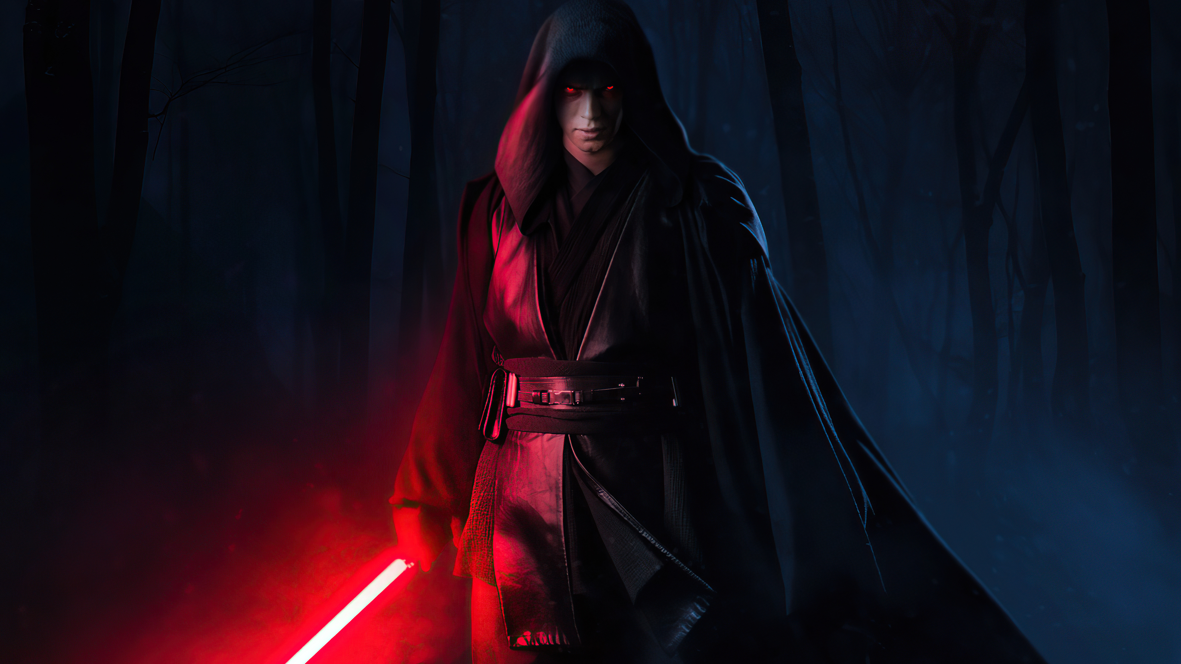 Sith Lord Anakin Skywalker, Glowing red lightsaber, Dark misty forest, 4K Desktop wallpaper